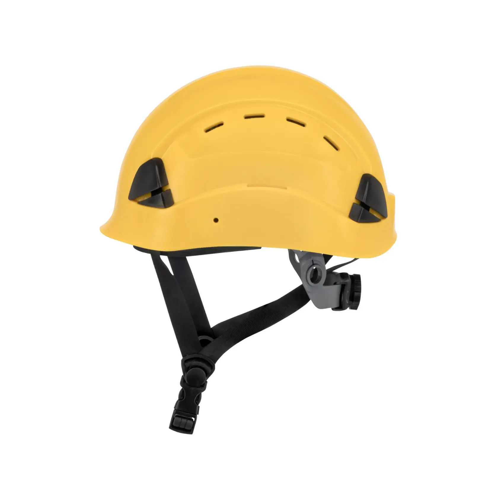 YELLOW DEWALT TYPE II CLASS E HELMET WITH BLACK RATCHET SUSPENSION AND LEATHER CHINSTRAP LEFT SIDE VIEW