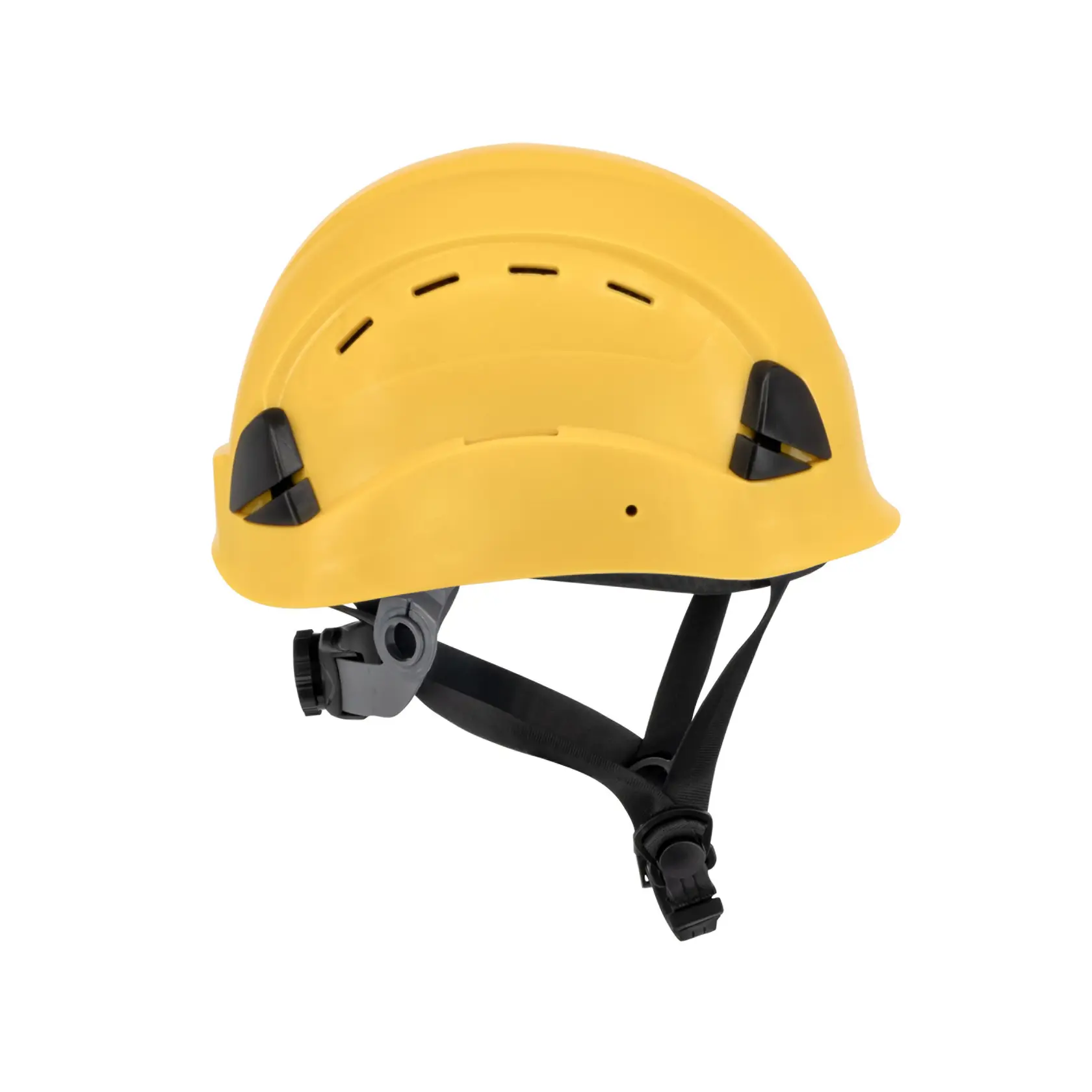 YELLOW DEWALT TYPE II CLASS E HELMET WITH BLACK RATCHET SUSPENSION AND LEATHER CHINSTRAP RIGHT SIDE VIEW