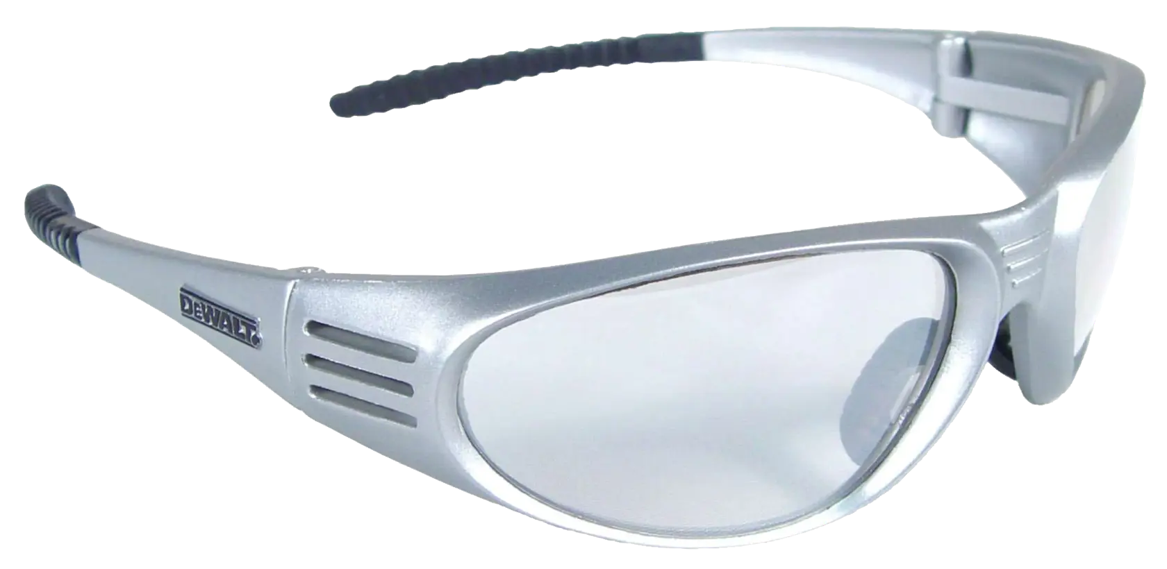Profile of DEWALT ventilator safety glasses with silver frame and lens
