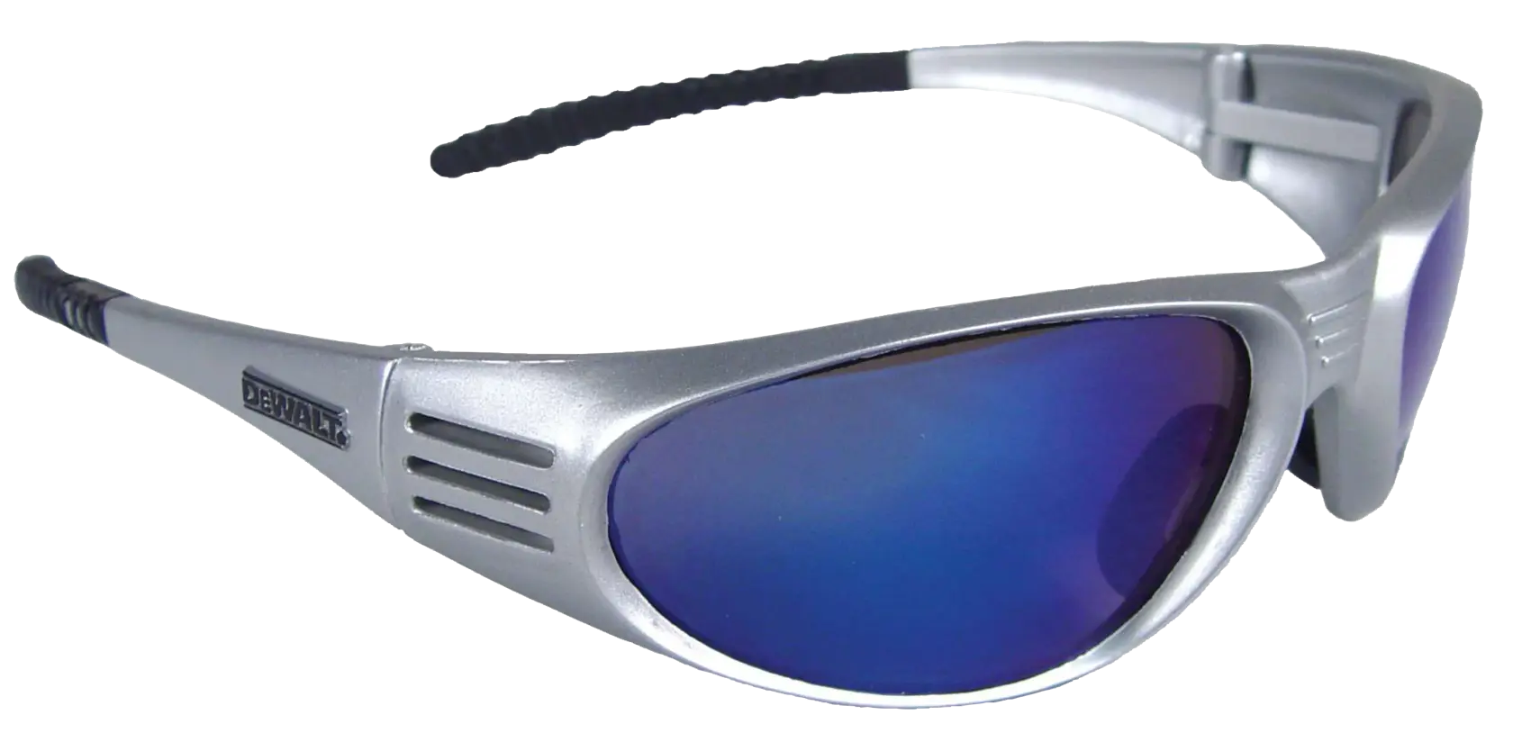 Profile of DEWALT ventilator safety glasses with silver frame and blue lens