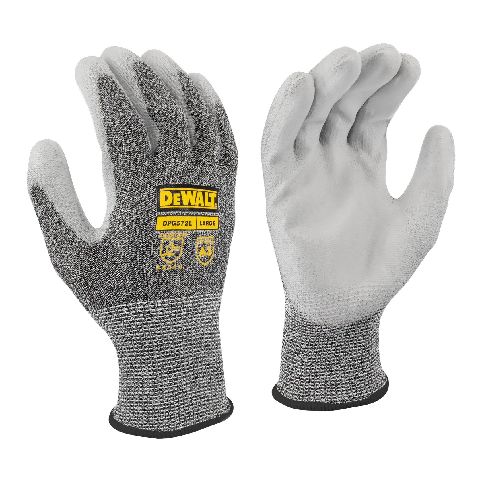 A pair of DEWALT DPG572L large protective work gloves, featuring a grey and black textured design with safety markings and yellow DEWALT branding on the back of one glove.