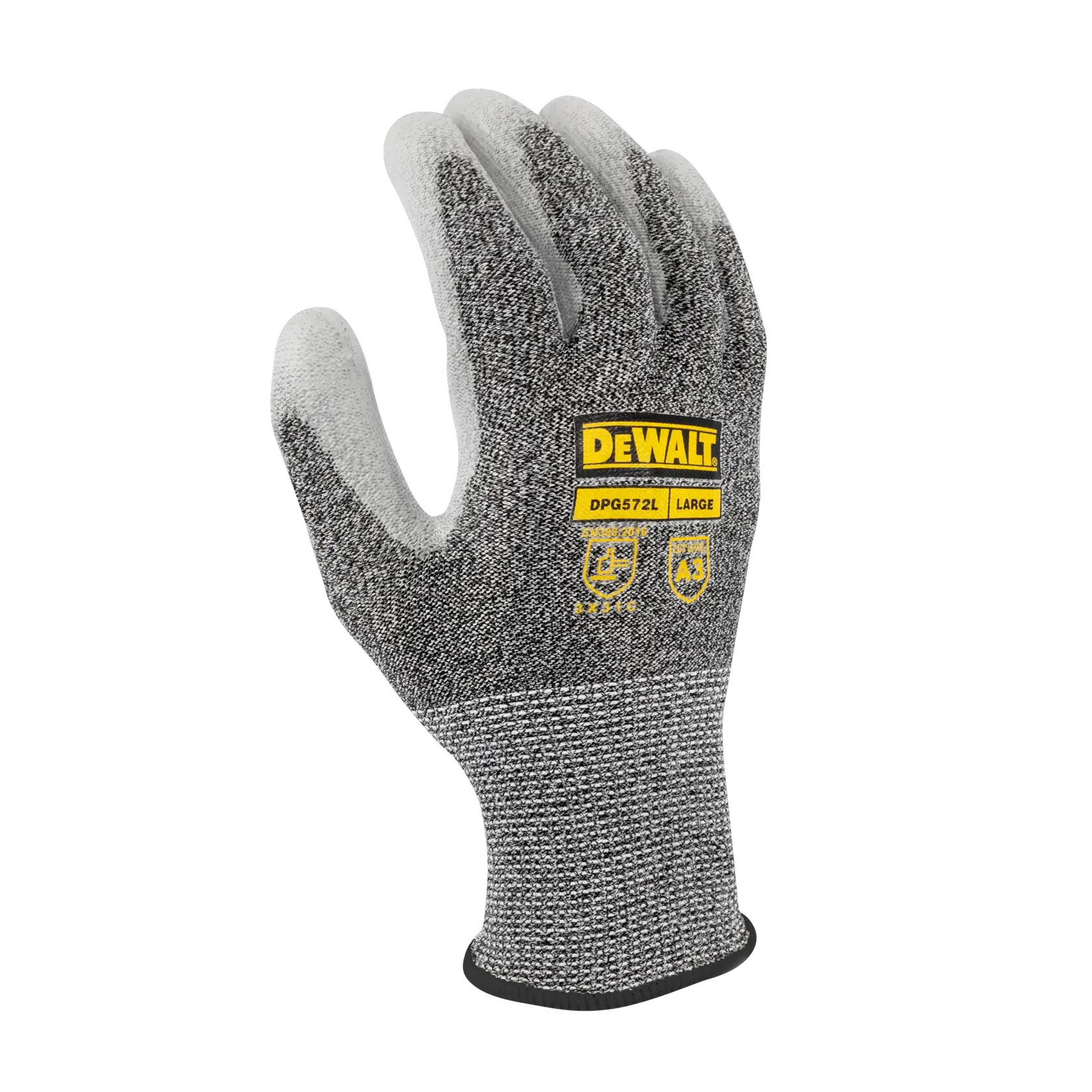 A grey DEWALT safety glove, size large, model DPG572L, with protective features and yellow branding, designed for industrial or construction use.