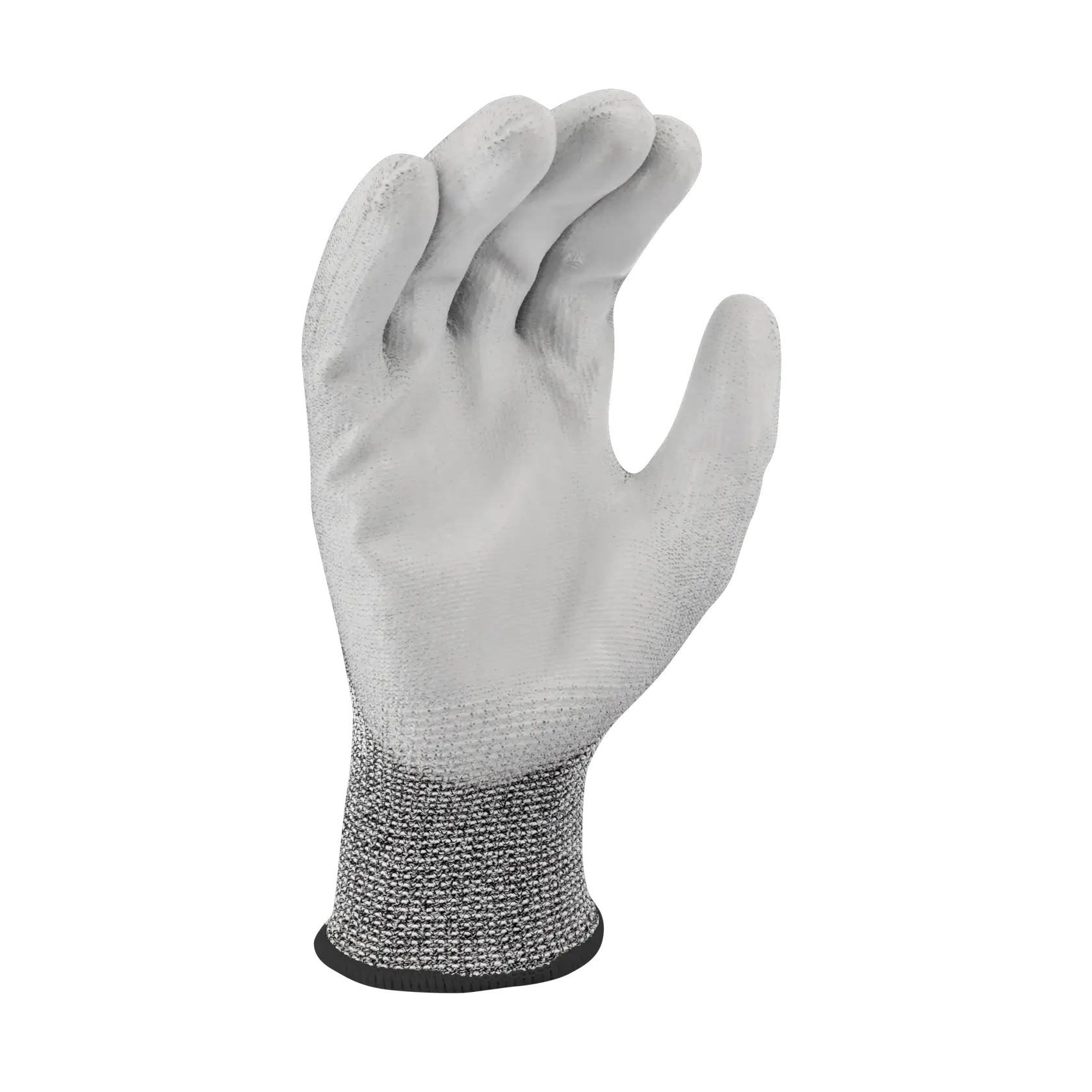 A grey safety work glove with a textured palm and black wrist cuff, displayed upright on a white background.