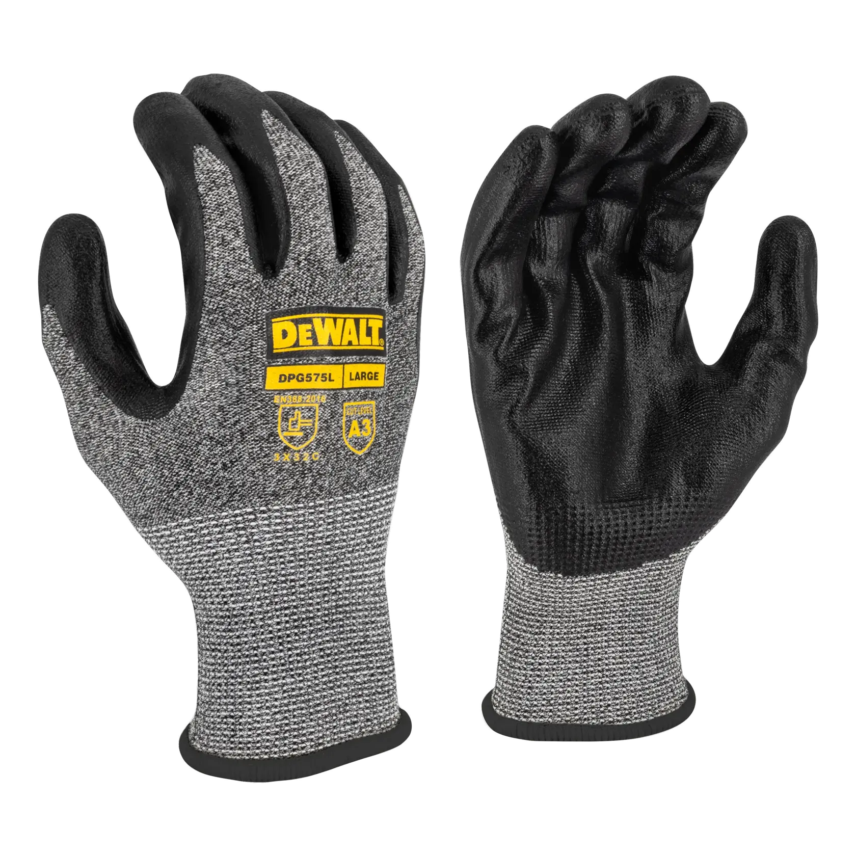 A pair of DEWALT DPG575L large-sized work gloves, shown front and back. The gloves are gray with black coated palms and fingers, and feature DEWALT branding and safety certifications on the back of one glove.