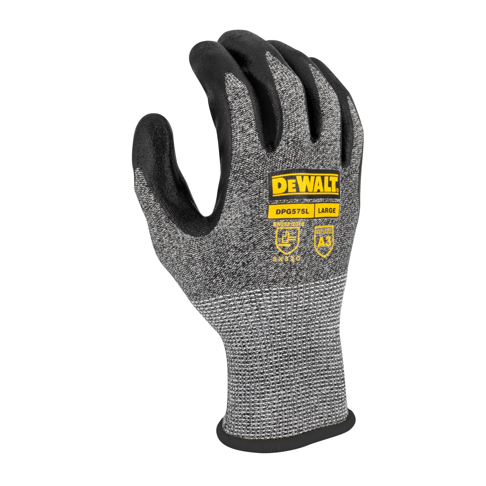 A single DEWALT branded protective glove, model DPG575L, in size large. The glove features a grey woven fabric with a black coating on the palm and fingers, and yellow printed labels on the back of the hand.