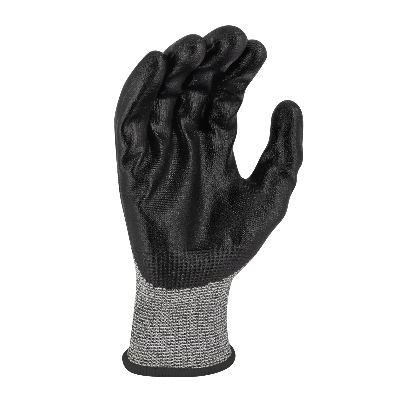 A black and grey protective work glove with a textured grip, shown upright with fingers slightly curled.