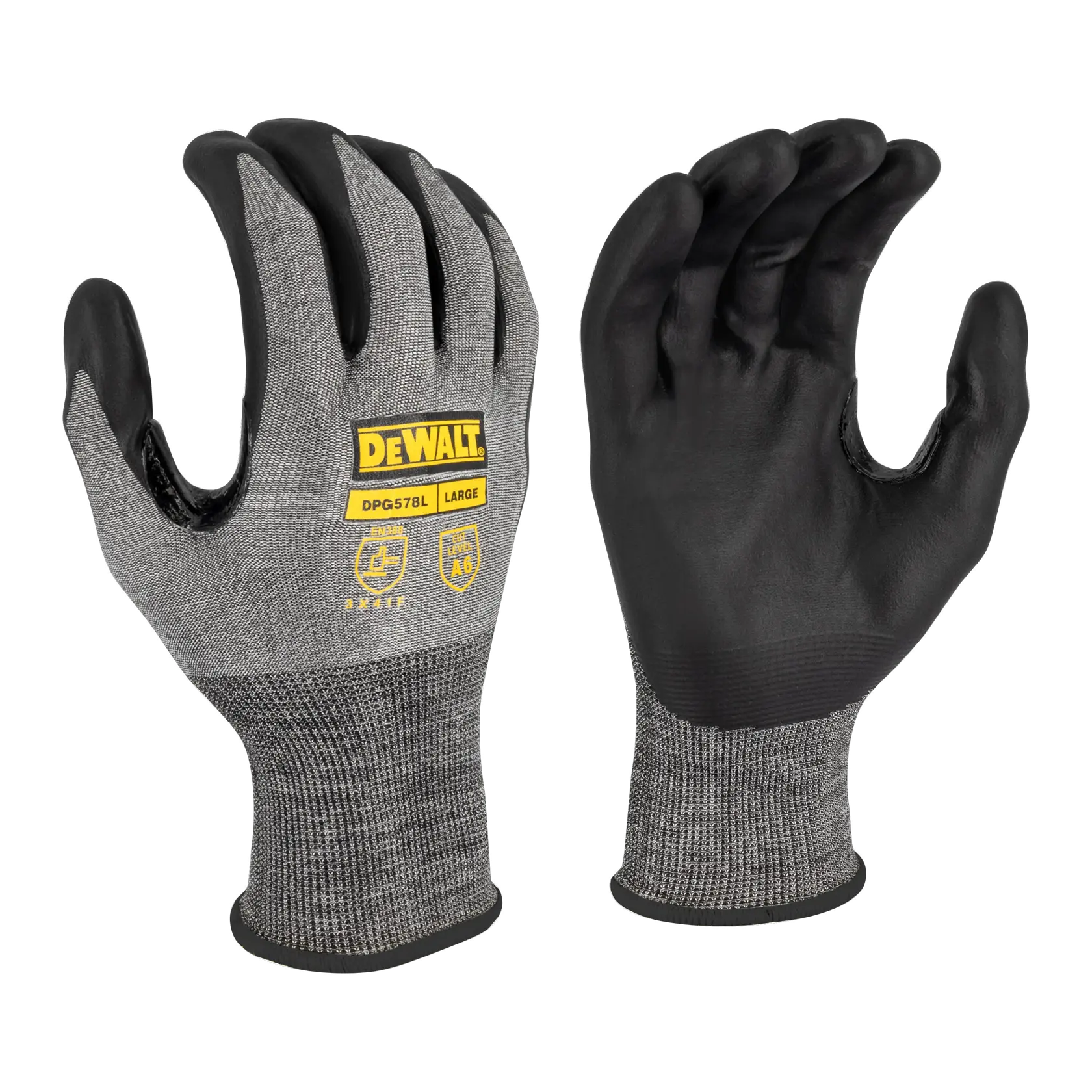 BLACK AND GRAY DEWALT A3 CUT RESISTANT GLOVES BLACK AND YELLOW LOGO AND BLACK FOAM NITRILE PALM SLIP ON WRIST MAIN VIEW