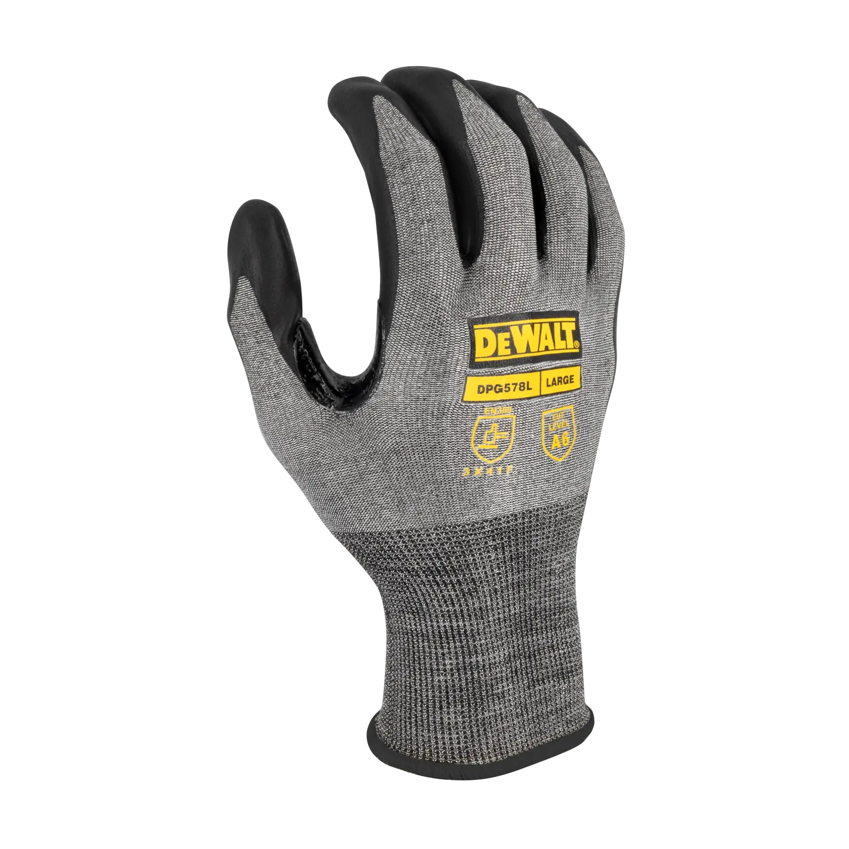 A single DEWALT DPG578L large protective work glove, gray with black coating on fingers and palm, displayed upright against a plain white background.
