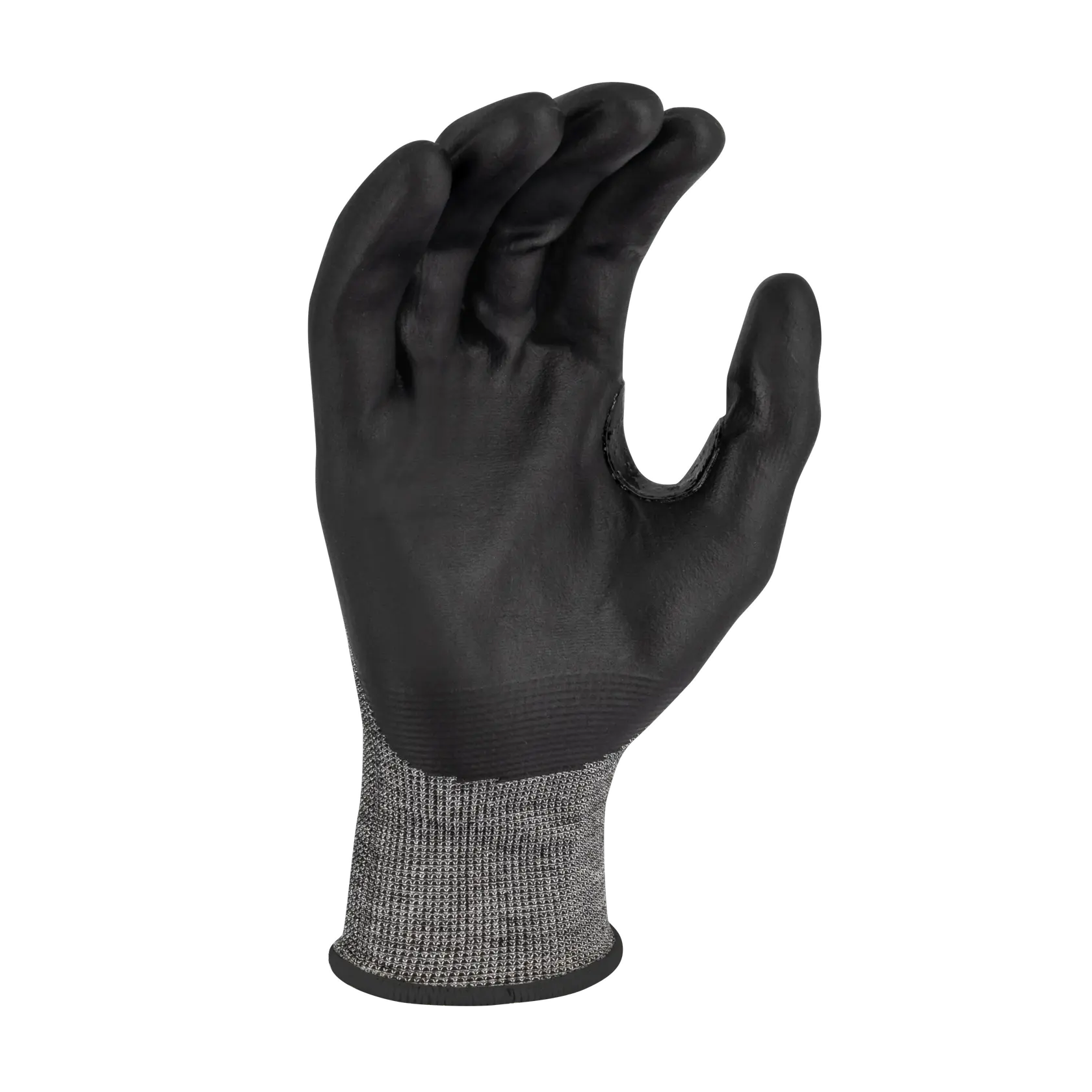 A single black protective work glove with a textured surface and a gray woven wrist cuff, shown upright against a white background.