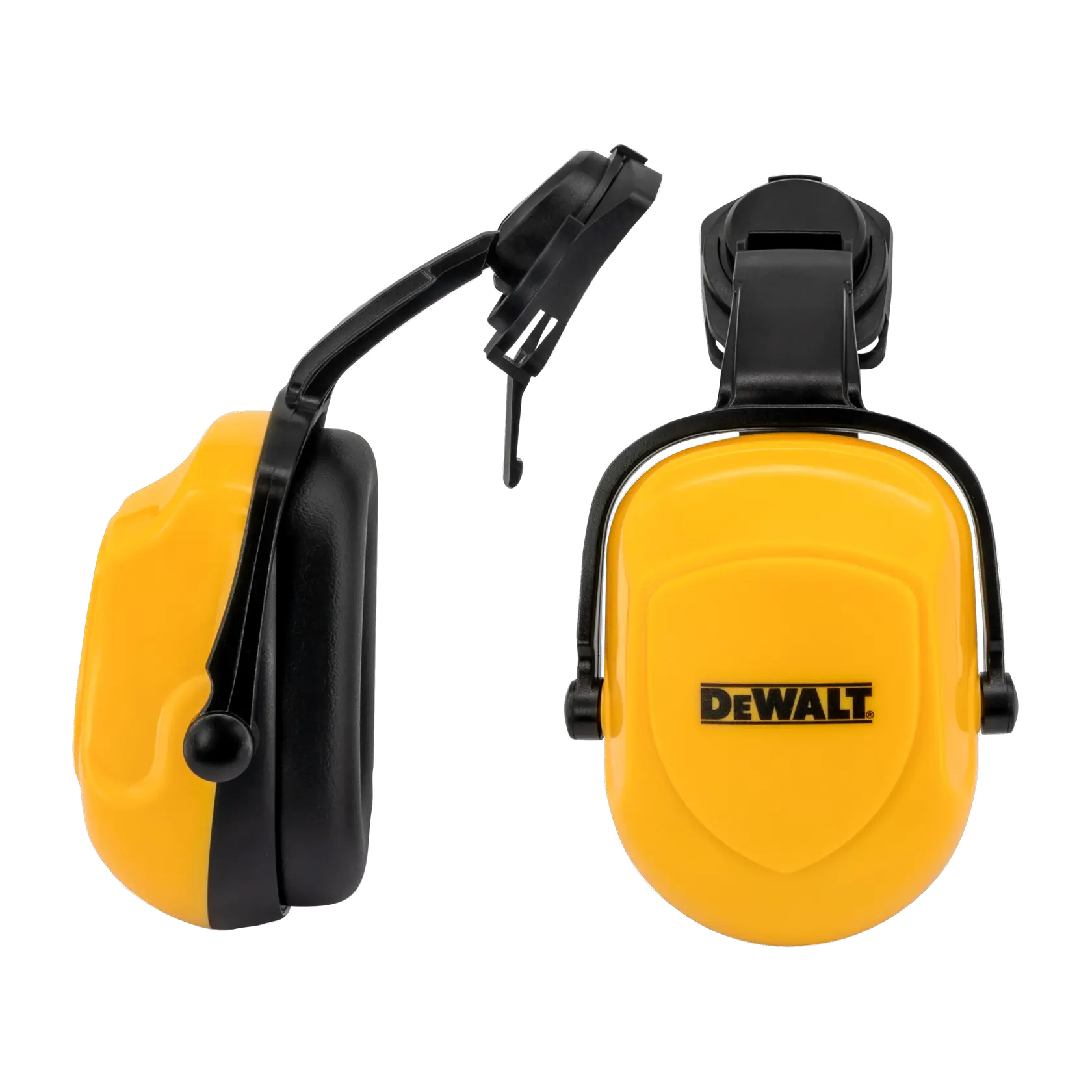 YELLOW DEWALT 25 NRR DIELECTRIC CAP MOUNT TYPE EARMUFFS WITH BLACK FOAM EARCUPS MAIN VIEW