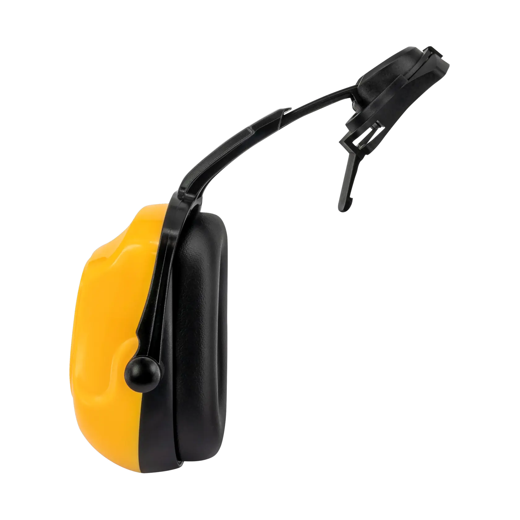 YELLOW DEWALT 25NRR DIELECTRIC CAP MOUNT TYPE EARMUFFS WITH BLACK FOAM EARCUPS AND ARM EXTENDED LEFT VIEW
