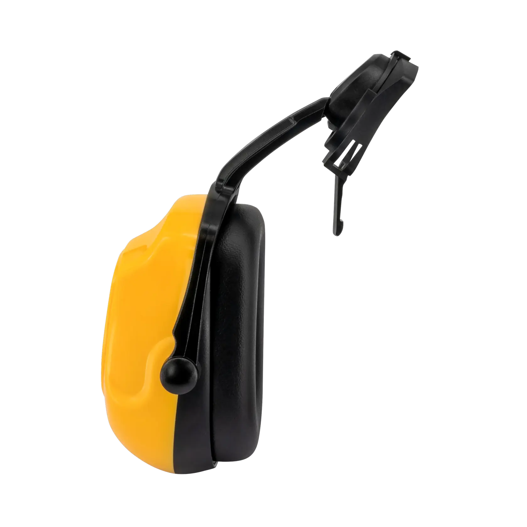 YELLOW DEWALT 25NRR DIELECTRIC CAP MOUNT TYPE EARMUFFS WITH BLACK FOAM EARCUPS LEFT VIEW
