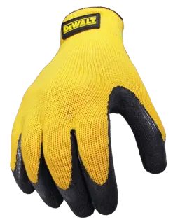 A DEWALT brand work glove with a yellow knit fabric and black reinforced coating on the fingers and palm.
