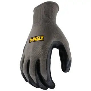 A single gray and black DEWALT work glove with a yellow logo, shown against a white background.