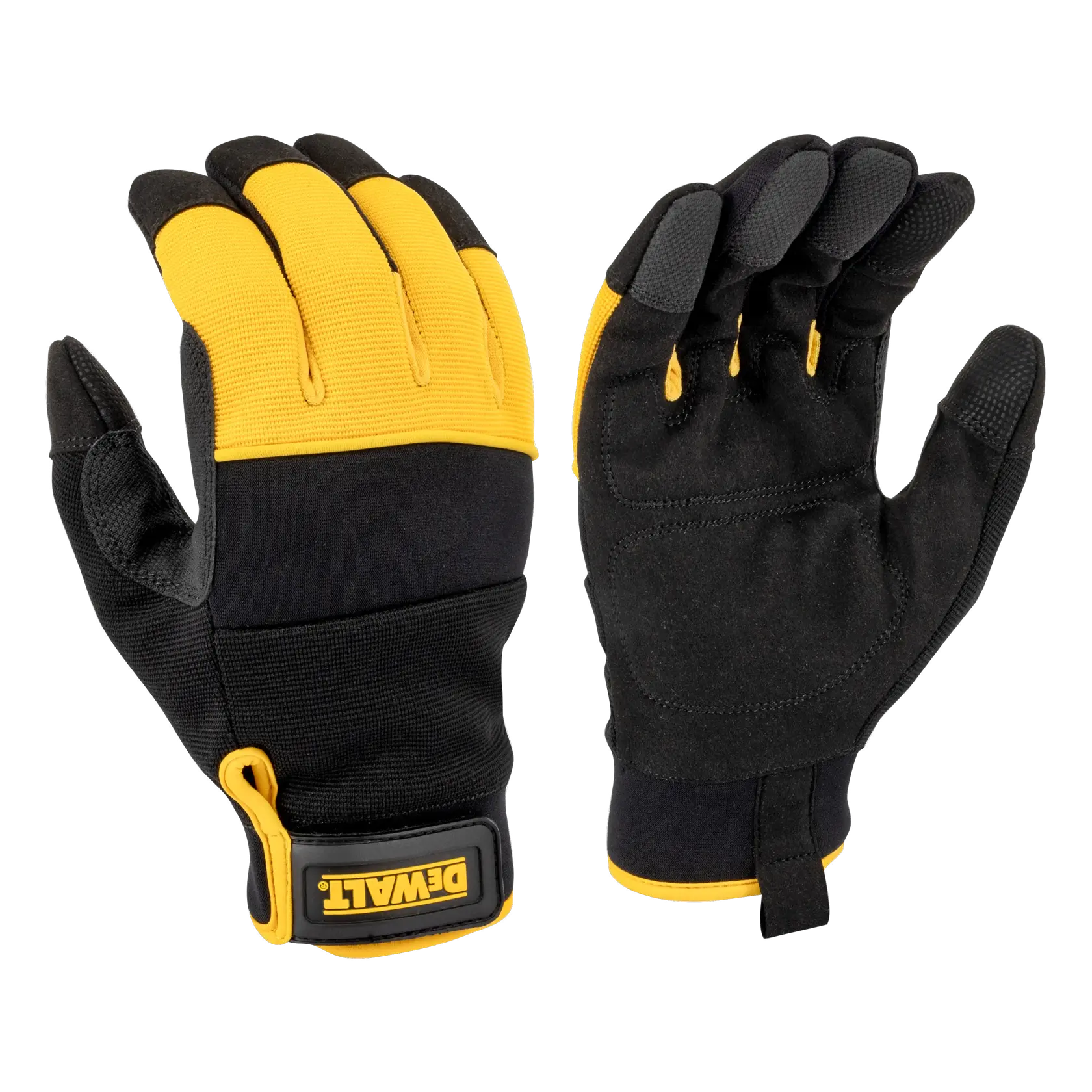 A pair of DEWALT branded work gloves with black palms and yellow backs, designed for durability and protection.