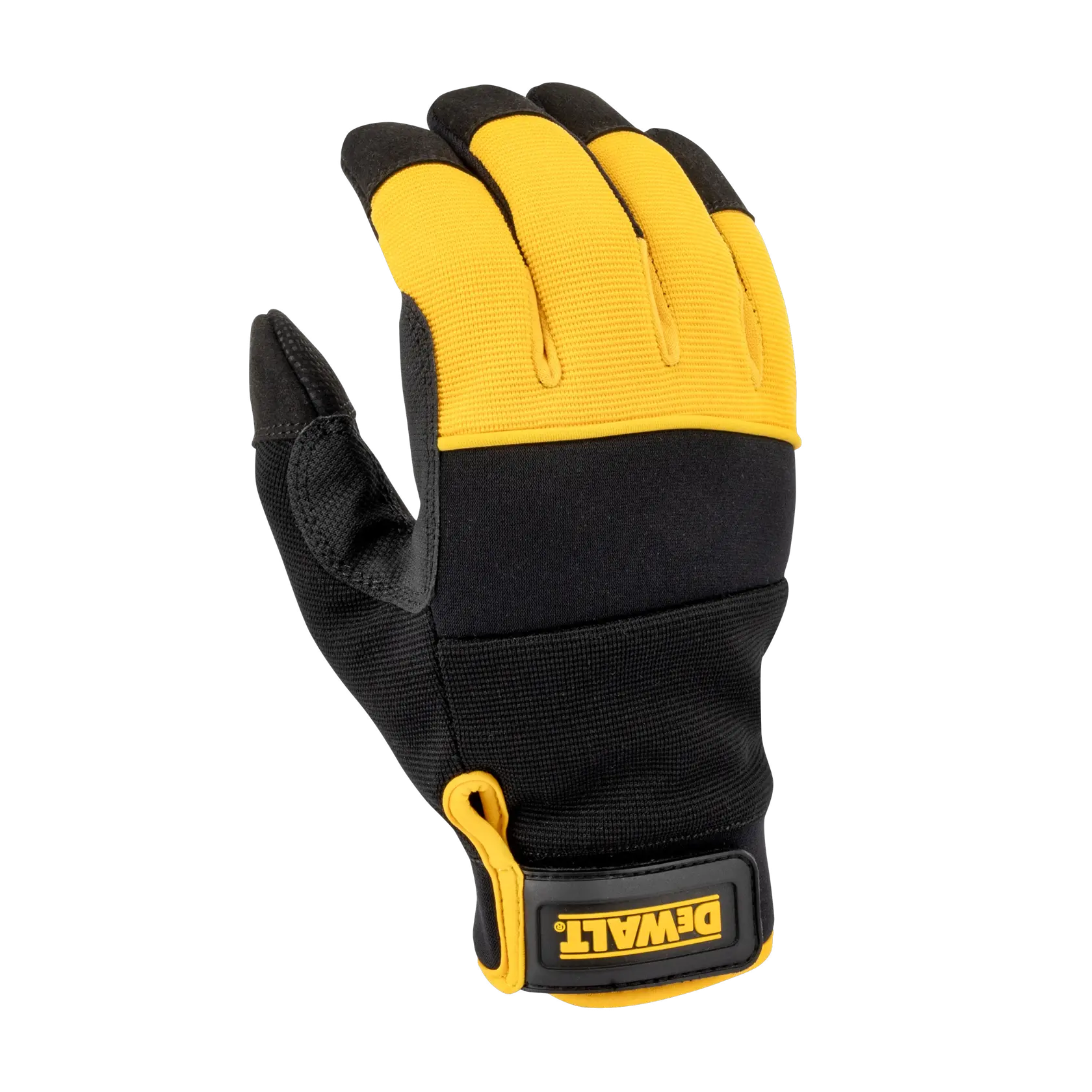 A single DEWALT work glove with a black palm and yellow upper side, featuring reinforced fingertips and an adjustable wrist strap with the DEWALT logo.