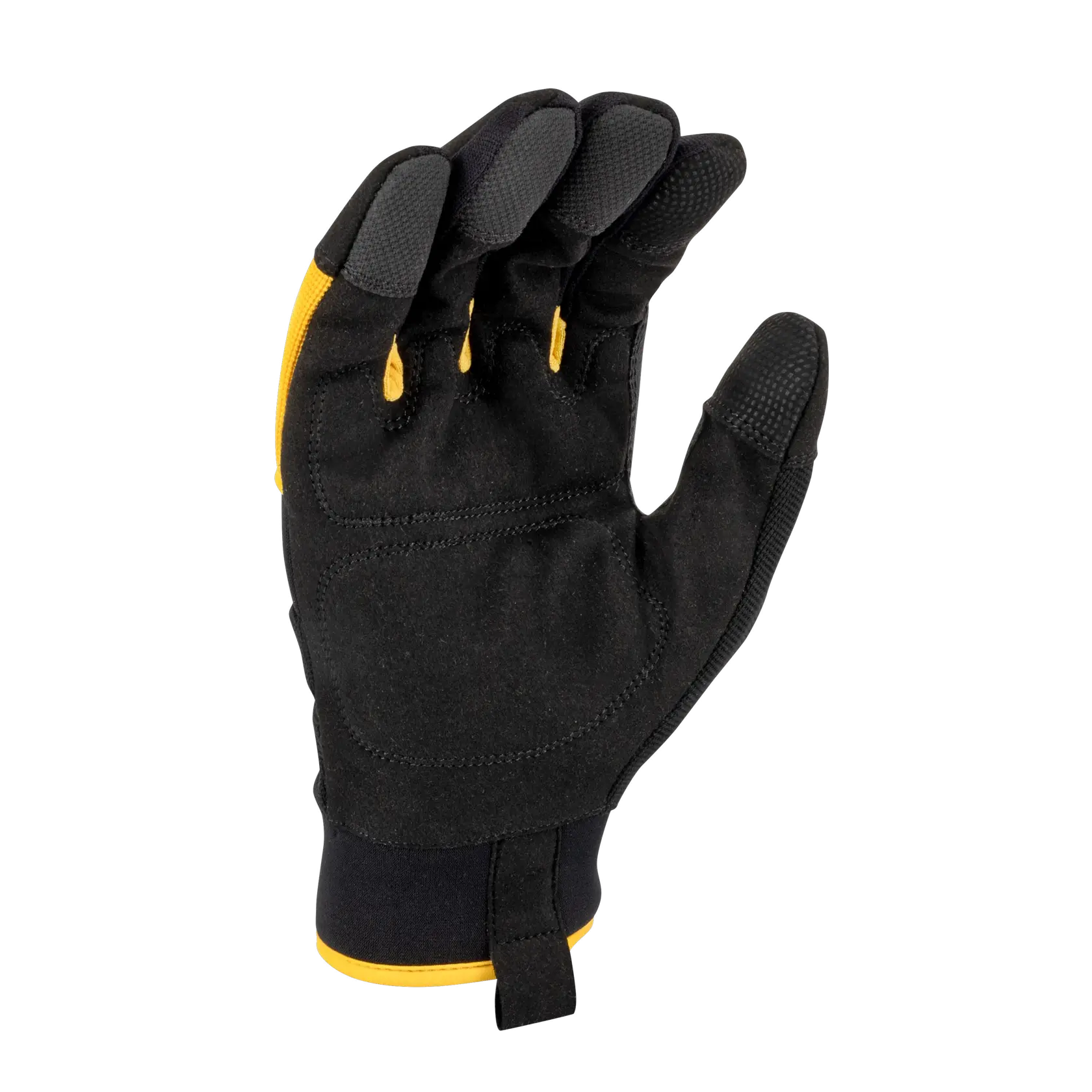 A single black work glove with textured fingertips and yellow accents, shown with the palm facing up.