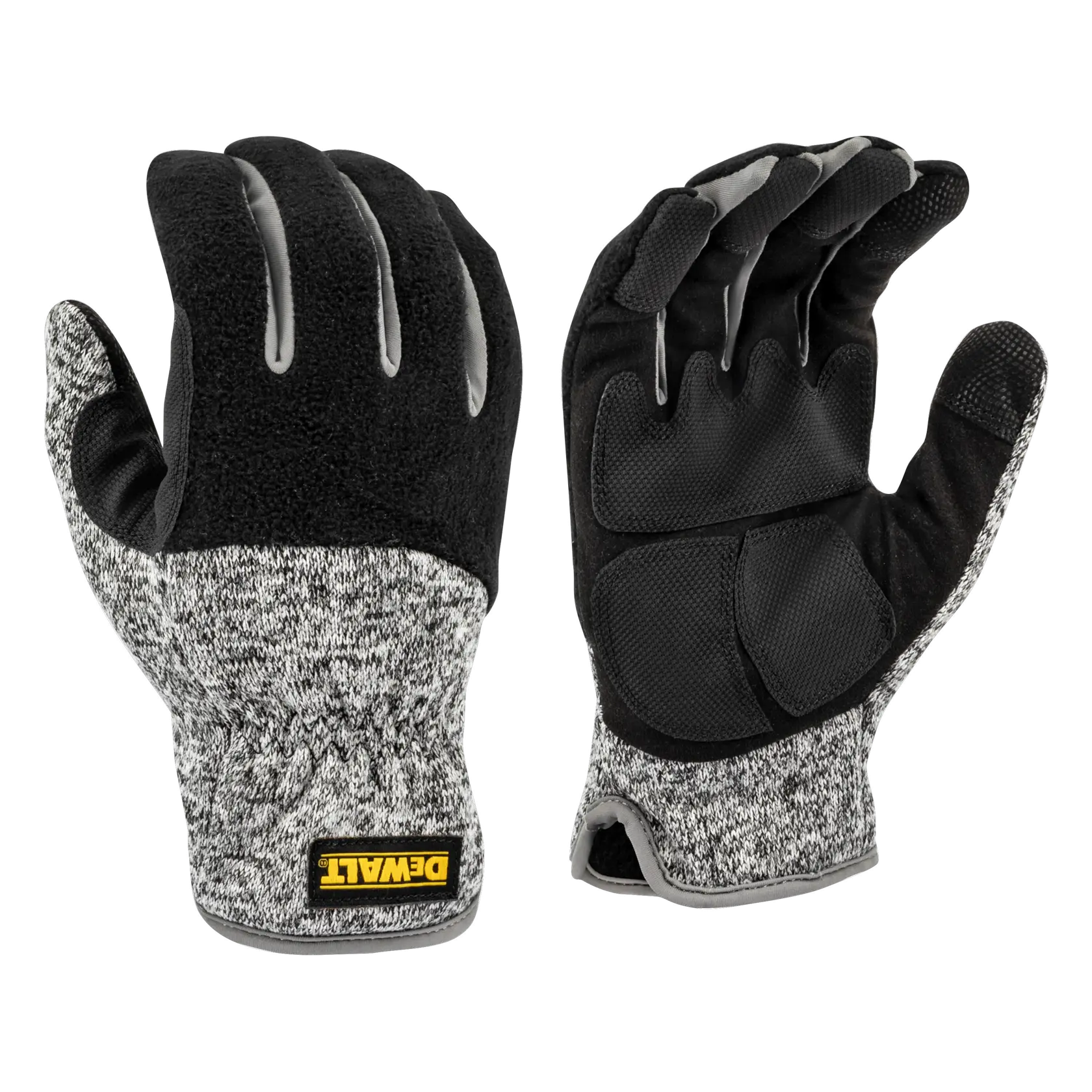 A pair of DEWALT DPG751L work gloves with black and gray textured fabric, reinforced black palms, and a yellow DEWALT logo on the wrist.