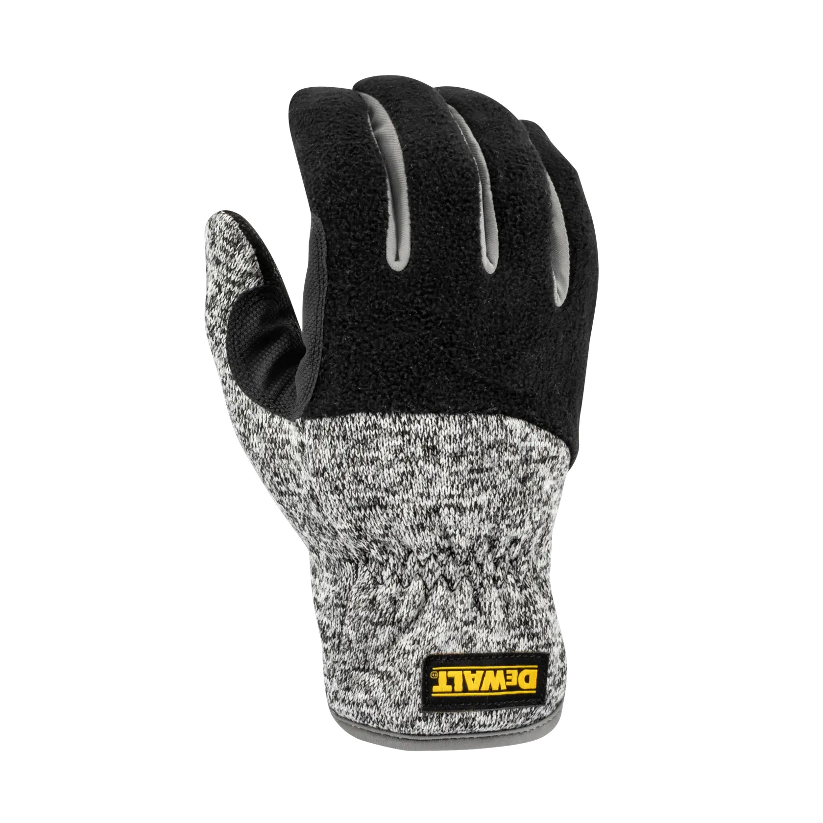 A single DEWALT branded work glove is shown, featuring a textured gray and black design with reinforced areas and a yellow DEWALT logo patch near the wrist.