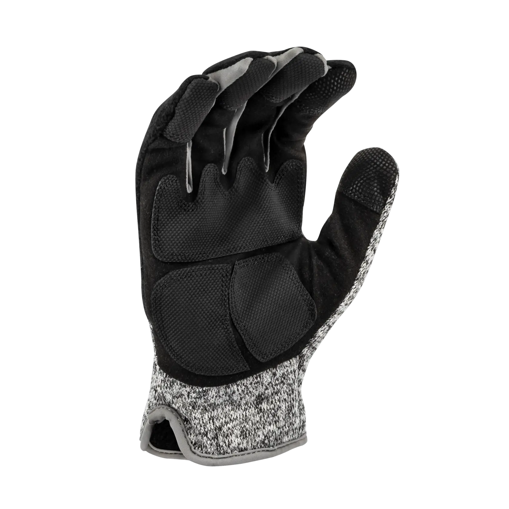 A single DEWALT DPG751L work glove is shown with the palm facing up. The glove features reinforced padding on the palm and fingers, and a gray and black textured cuff. It is designed for protection and durability during work tasks.