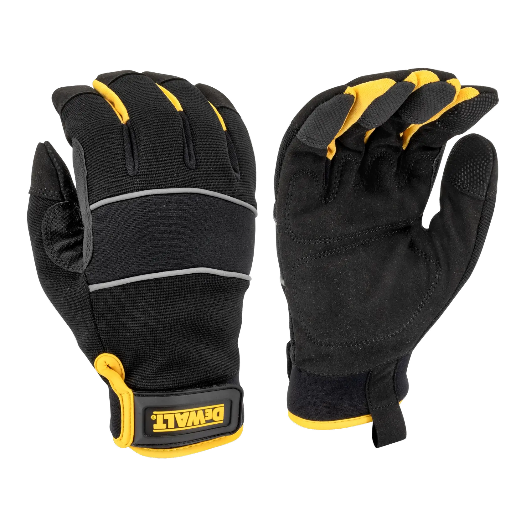 YELLOW AND BLACK DEWALT MID-GRADE THERMAL LINED COLD WEATHER GLOVES PADDED PALM TOUCHSCREEN HOOK AND LOOP CLOSURE MAIN VIEW