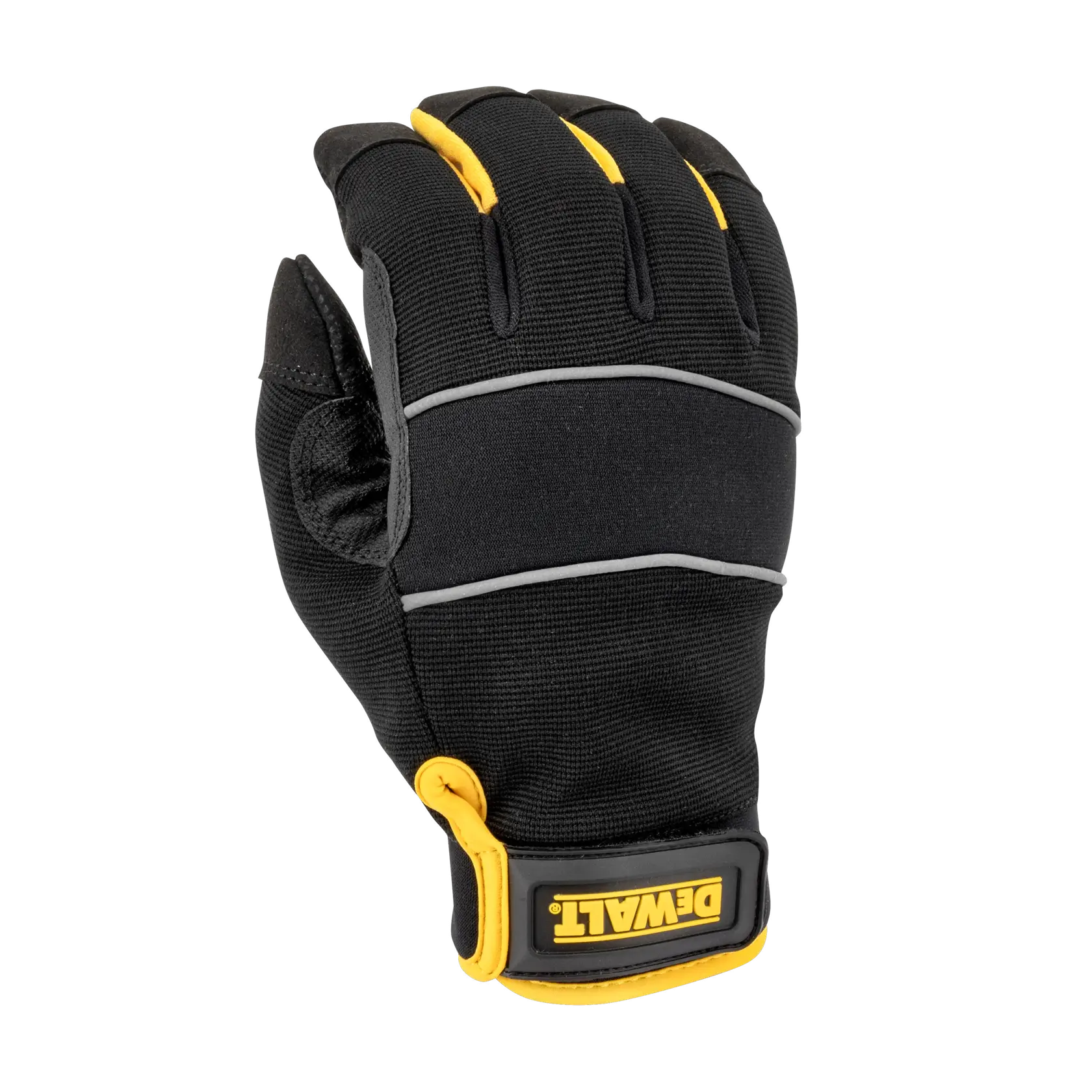 A black DEWALT work glove with yellow accents and reinforced stitching, designed for protection and durability.