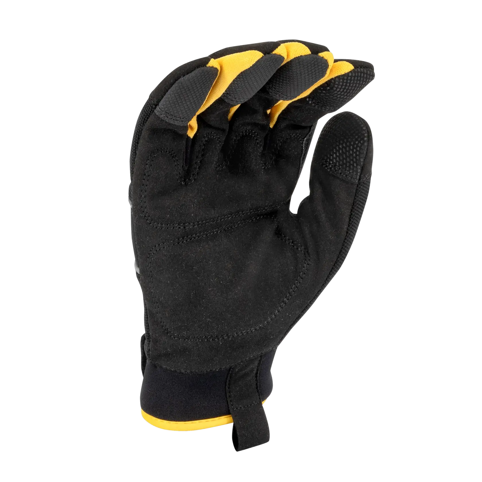 A black and yellow work glove with reinforced fingers and textured grip, displayed against a white background.