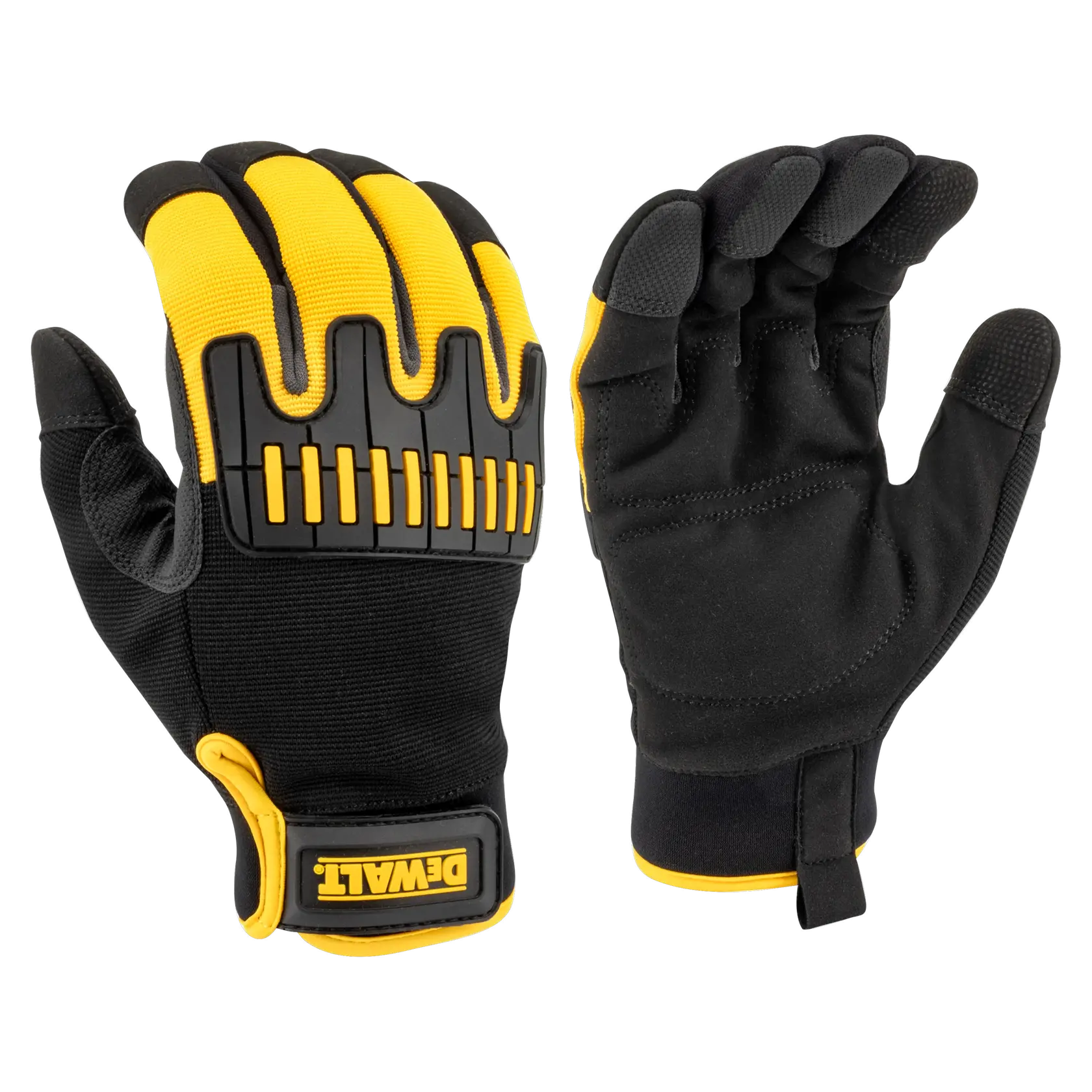 A pair of DEWALT black and yellow protective work gloves with reinforced knuckles and grips, displayed with one glove showing the palm and the other showing the back.