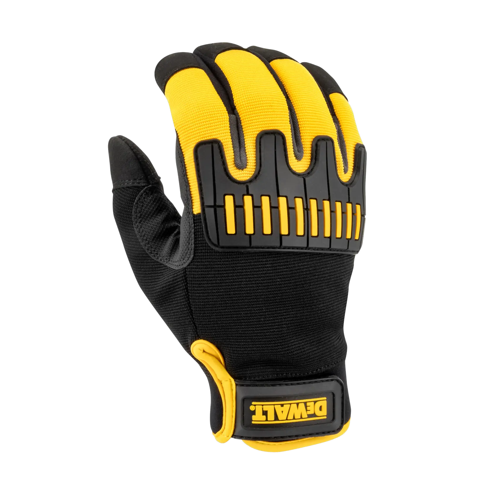A DEWALT work glove with black and yellow accents, designed for hand protection, shown with reinforced knuckle padding and a branded wrist strap.