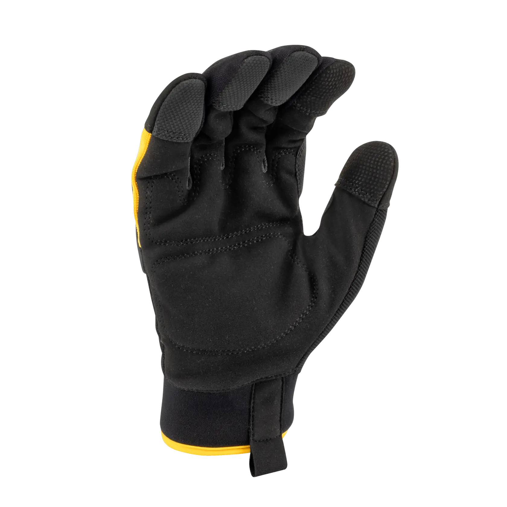 A black and yellow work glove with reinforced fingertips and textured grip, shown with the palm facing up.