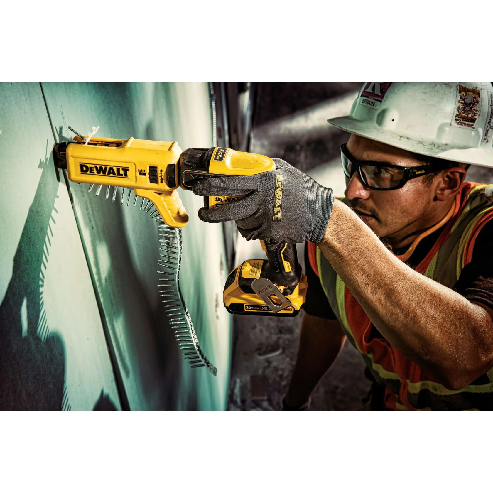 DEWALT converter safety glasses/goggles being worn by a person using a power tool.