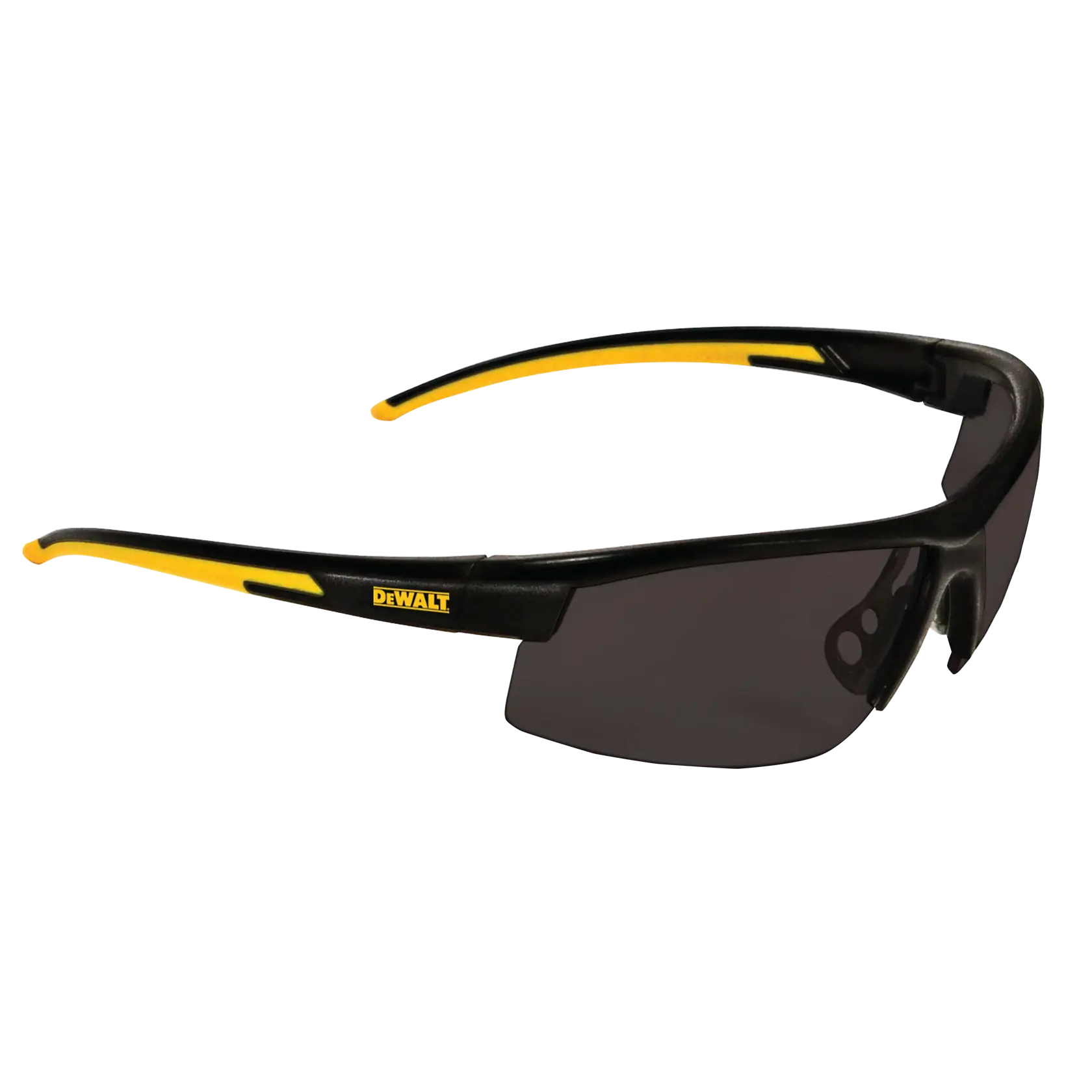 A pair of DEWALT branded safety glasses with black and yellow arms and dark tinted lenses, photographed on a white background.