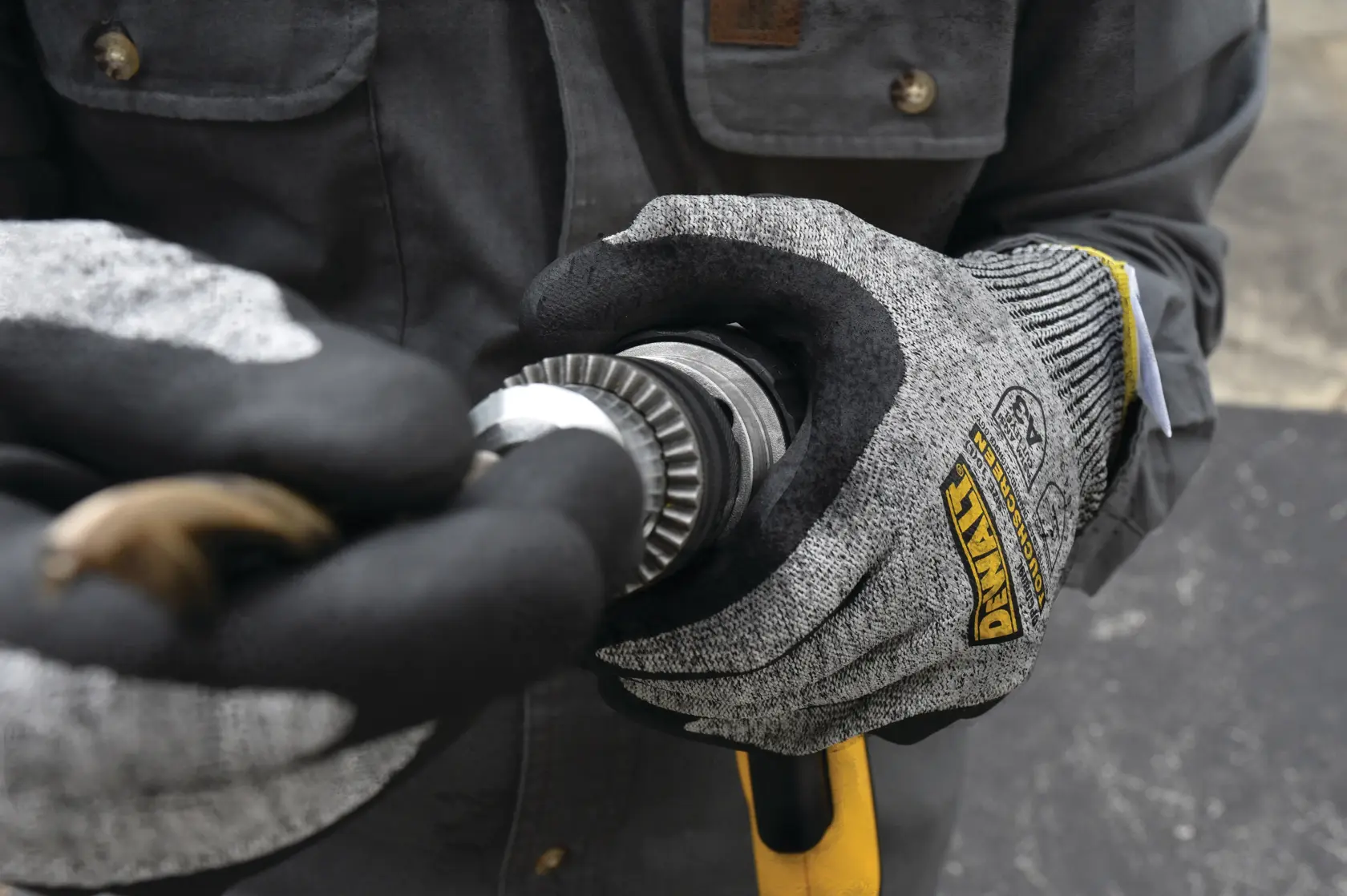 Radians Cut Resistant Glove Foam Nitrile Palm X L 1 Pair being worn by person during work.
