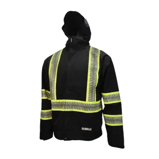 BLACK AND HI-VIS REFLECTIVE DEWALT RAINCOAT WATERPROOF RIPSTOP PACKABLE CLASS 1 TYPE O WITH POCKETS MAIN VIEW