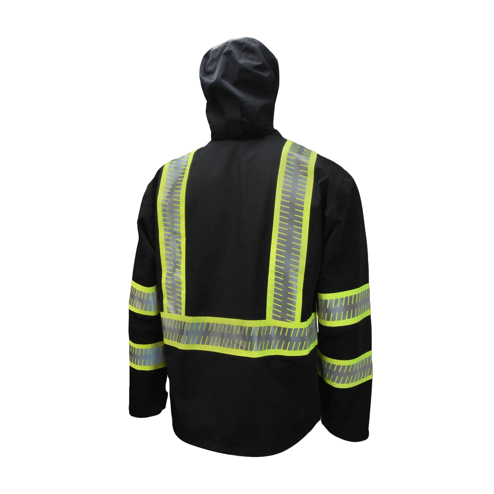 BLACK AND HI-VIS REFLECTIVE DEWALT RAINCOAT WATERPROOF RIPSTOP PACKABLE CLASS 1 TYPE O WITH POCKETS ANGLED BACK VIEW