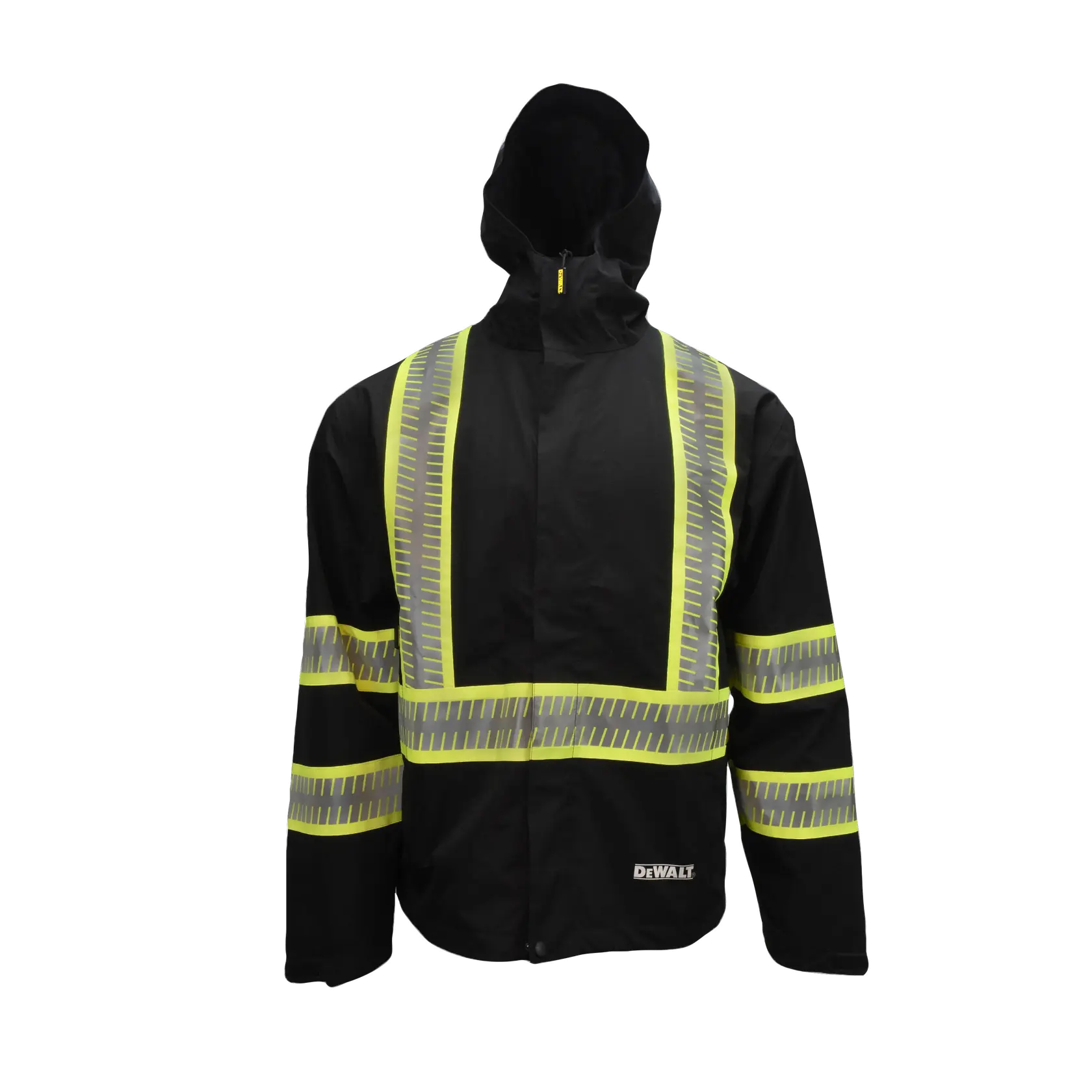 BLACK AND HI-VIS REFLECTIVE DEWALT RAINCOAT WATERPROOF RIPSTOP PACKABLE CLASS 1 TYPE O WITH POCKETS FRONT VIEW