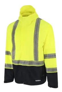 ANGLED FRONT VIEW OF DEWALT DRW21 HI-VIS GREEN AND BLACK RAIN JACKET WITH SEGMENTED REFLECTIVE TAPE AND A HOOD