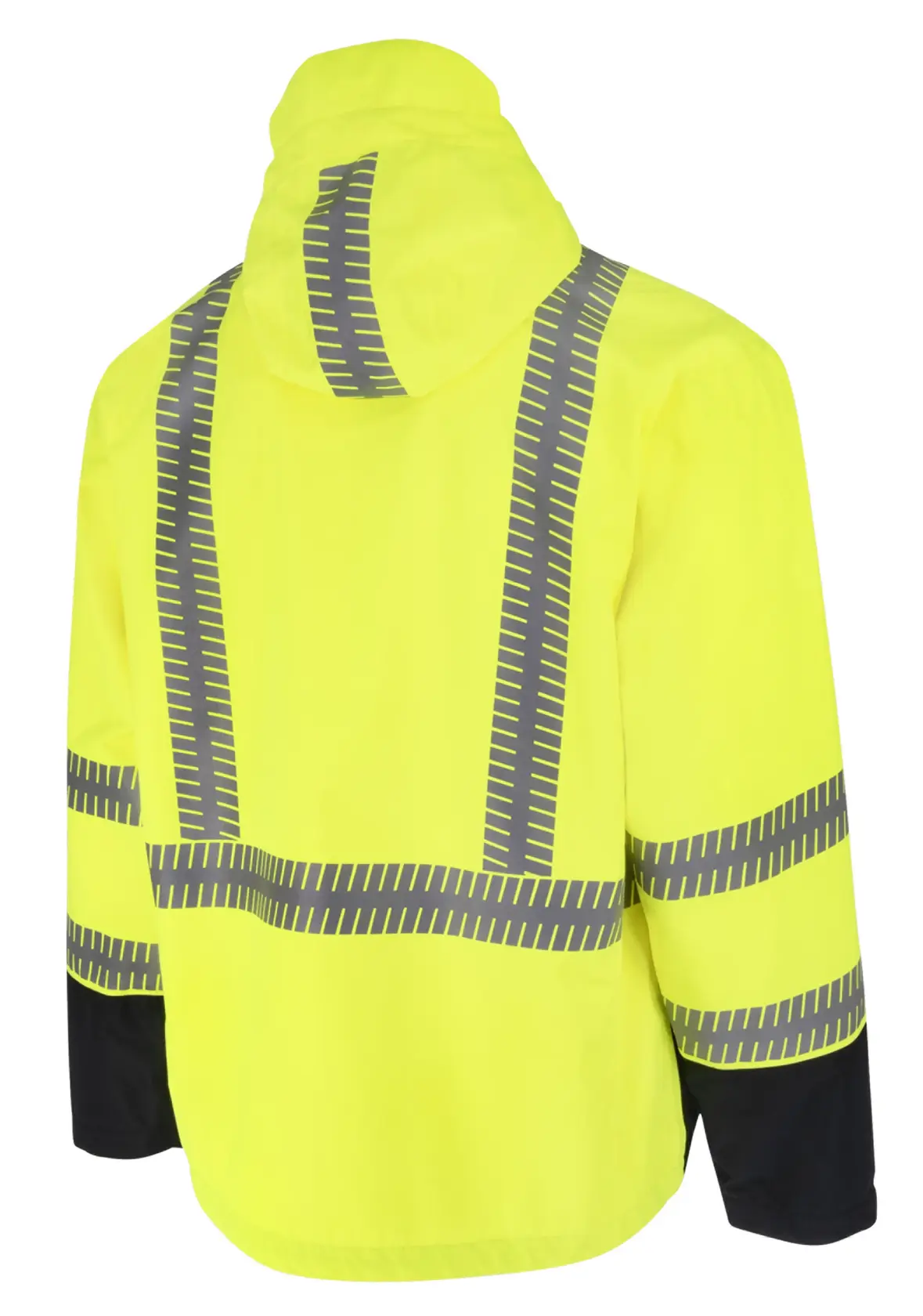 ANGLED BACK VIEW OF A DEWALT DRW21  HI-VIS GREEN RAIN JACKET, FEATURING A HOOD, SEGMENTED REFLECTIVE TAPE AND BLACK CUFFS