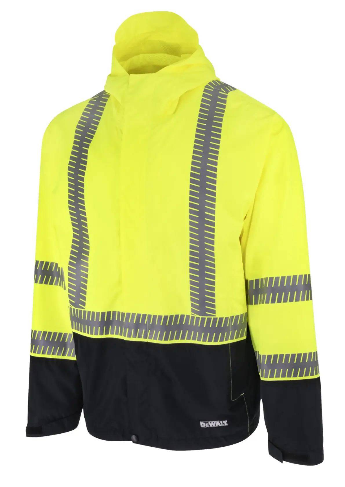 ANGLED FRONT VIEW OF DEWALT DRW21 HI-VIS GREEN AND BLACK RAIN JACKET WITH SEGMENTED REFLECTIVE TAPE AND A HOOD