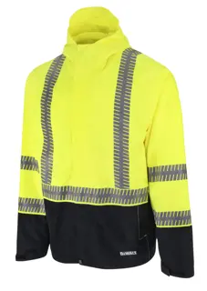 ANGLED FRONT VIEW OF DEWALT DRW21 HI-VIS GREEN AND BLACK RAIN JACKET WITH SEGMENTED REFLECTIVE TAPE AND A HOOD