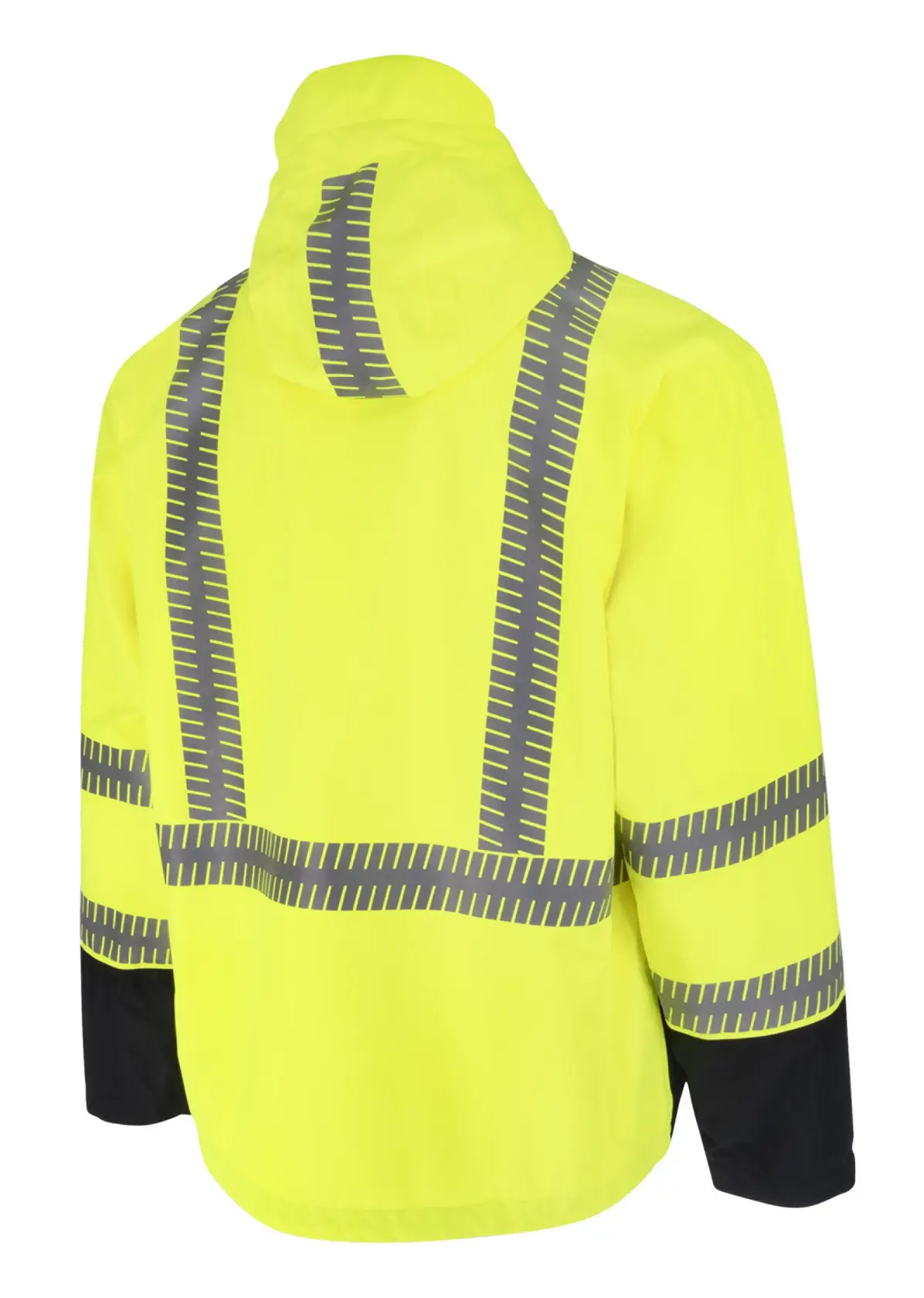 ANGLED BACK VIEW OF A DEWALT DRW21  HI-VIS GREEN RAIN JACKET, FEATURING A HOOD, SEGMENTED REFLECTIVE TAPE AND BLACK CUFFS