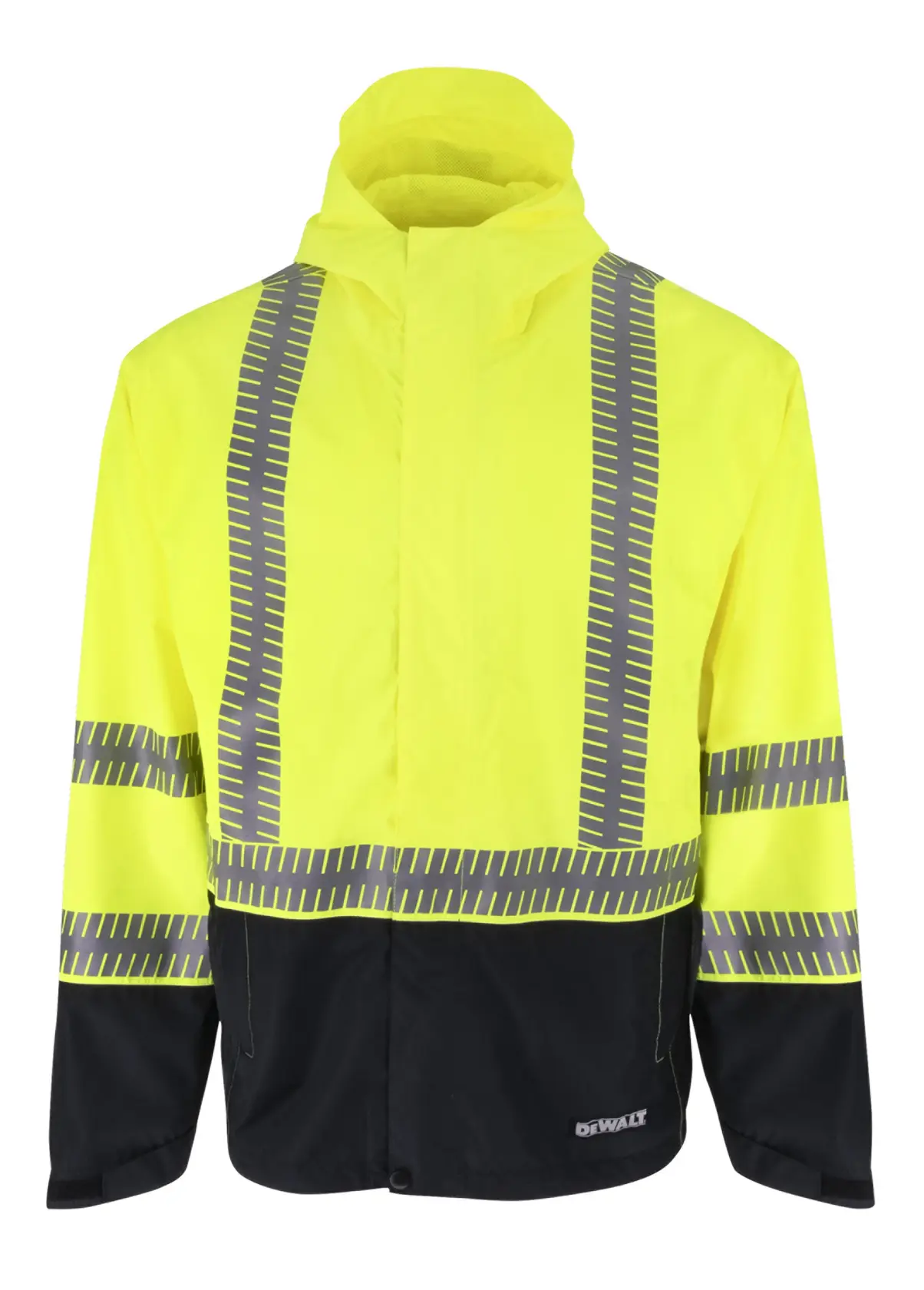 STRAIGHT ON FRONT VIEW OF DRW21 DEWALT RAIN JACKET HI-VIS COLOR WITH BLACK BOTTOM, BLACK CUFFS, REFLECTIVE TAPE AND A HOOD