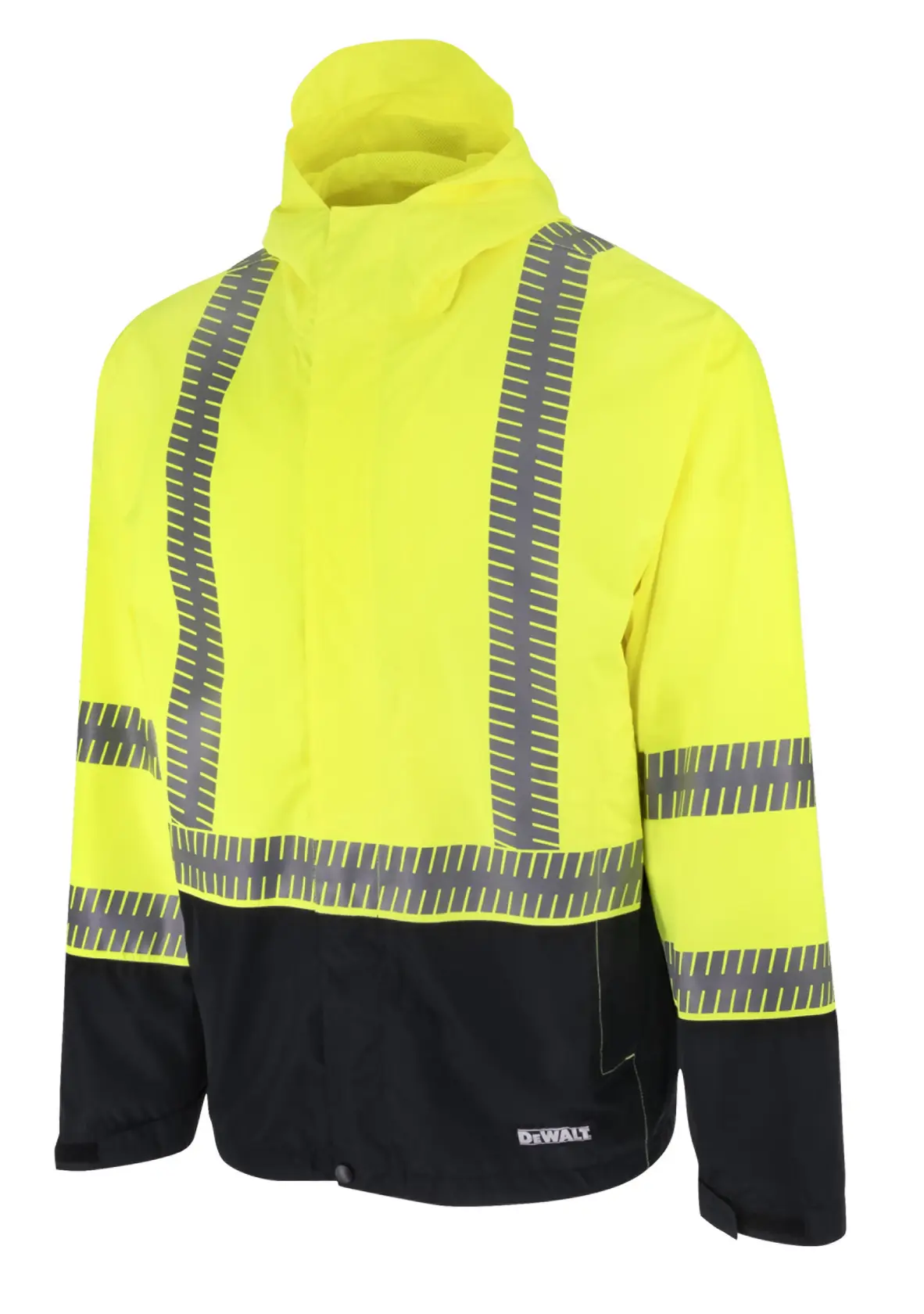 ANGLED FRONT VIEW OF DEWALT DRW21 HI-VIS GREEN AND BLACK RAIN JACKET WITH SEGMENTED REFLECTIVE TAPE AND A HOOD