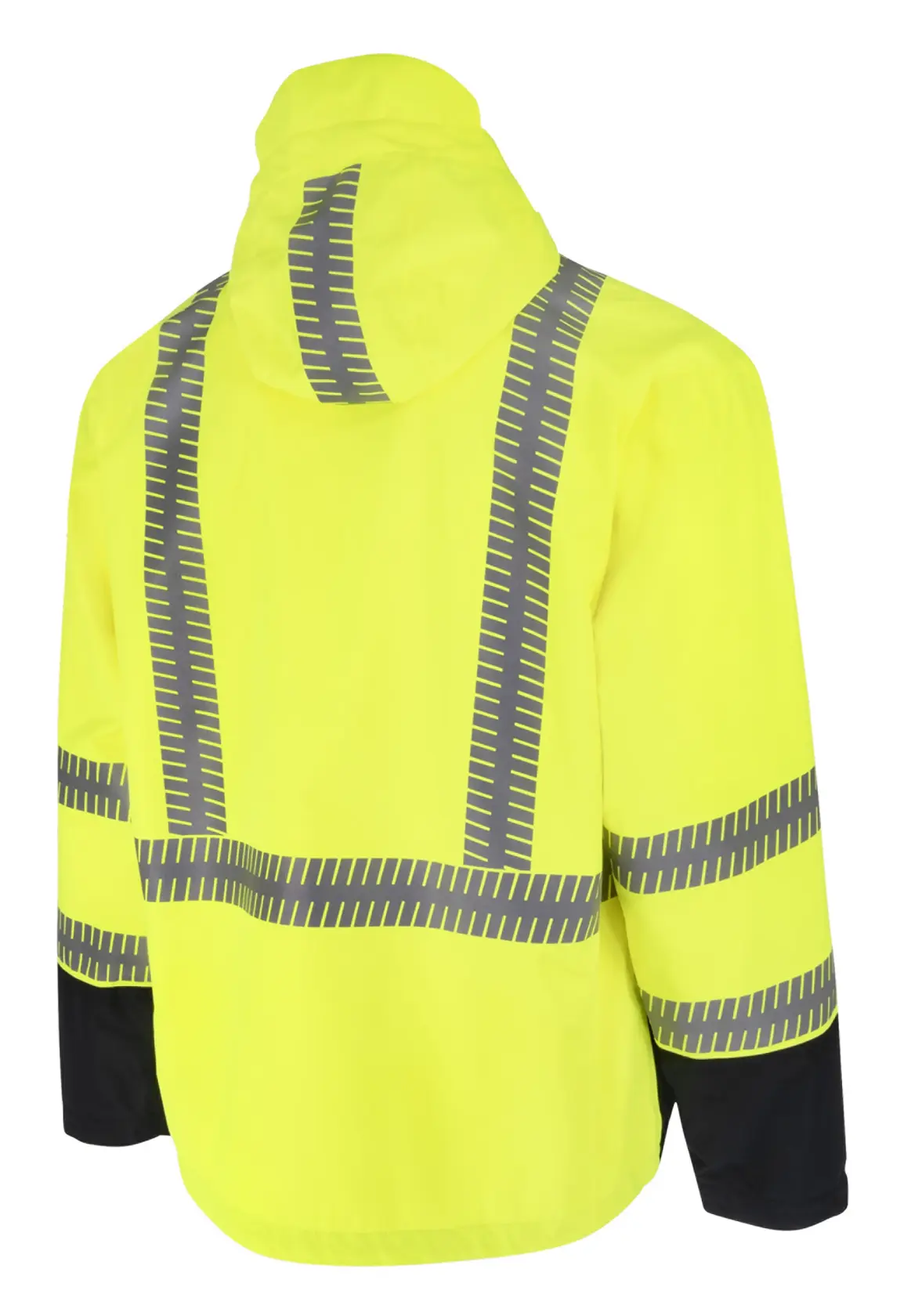 ANGLED BACK VIEW OF A DEWALT DRW21  HI-VIS GREEN RAIN JACKET, FEATURING A HOOD, SEGMENTED REFLECTIVE TAPE AND BLACK CUFFS