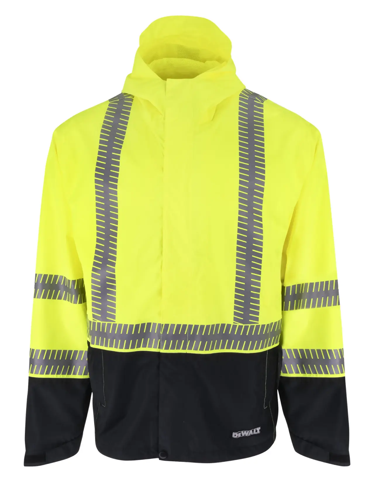 STRAIGHT ON FRONT VIEW OF DRW21 DEWALT RAIN JACKET HI-VIS COLOR WITH BLACK BOTTOM, BLACK CUFFS, REFLECTIVE TAPE AND A HOOD