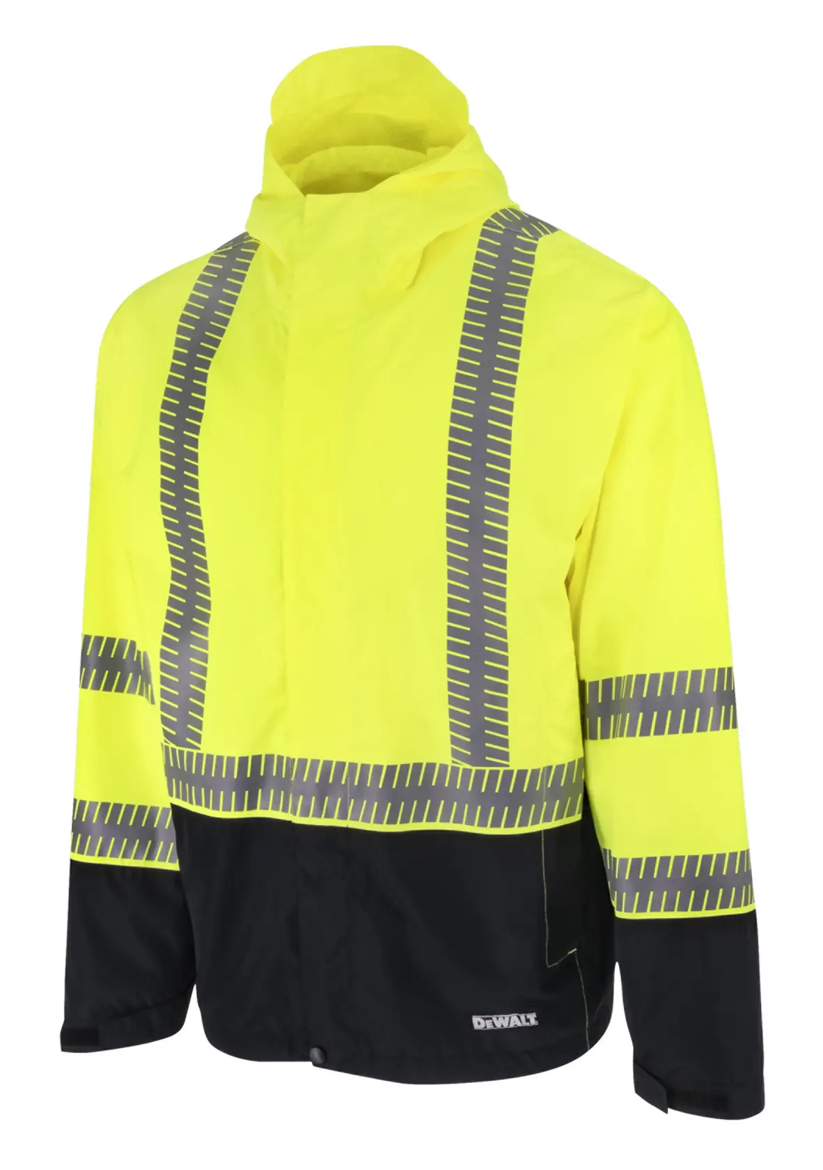 ANGLED FRONT VIEW OF DEWALT DRW21 HI-VIS GREEN AND BLACK RAIN JACKET WITH SEGMENTED REFLECTIVE TAPE AND A HOOD
