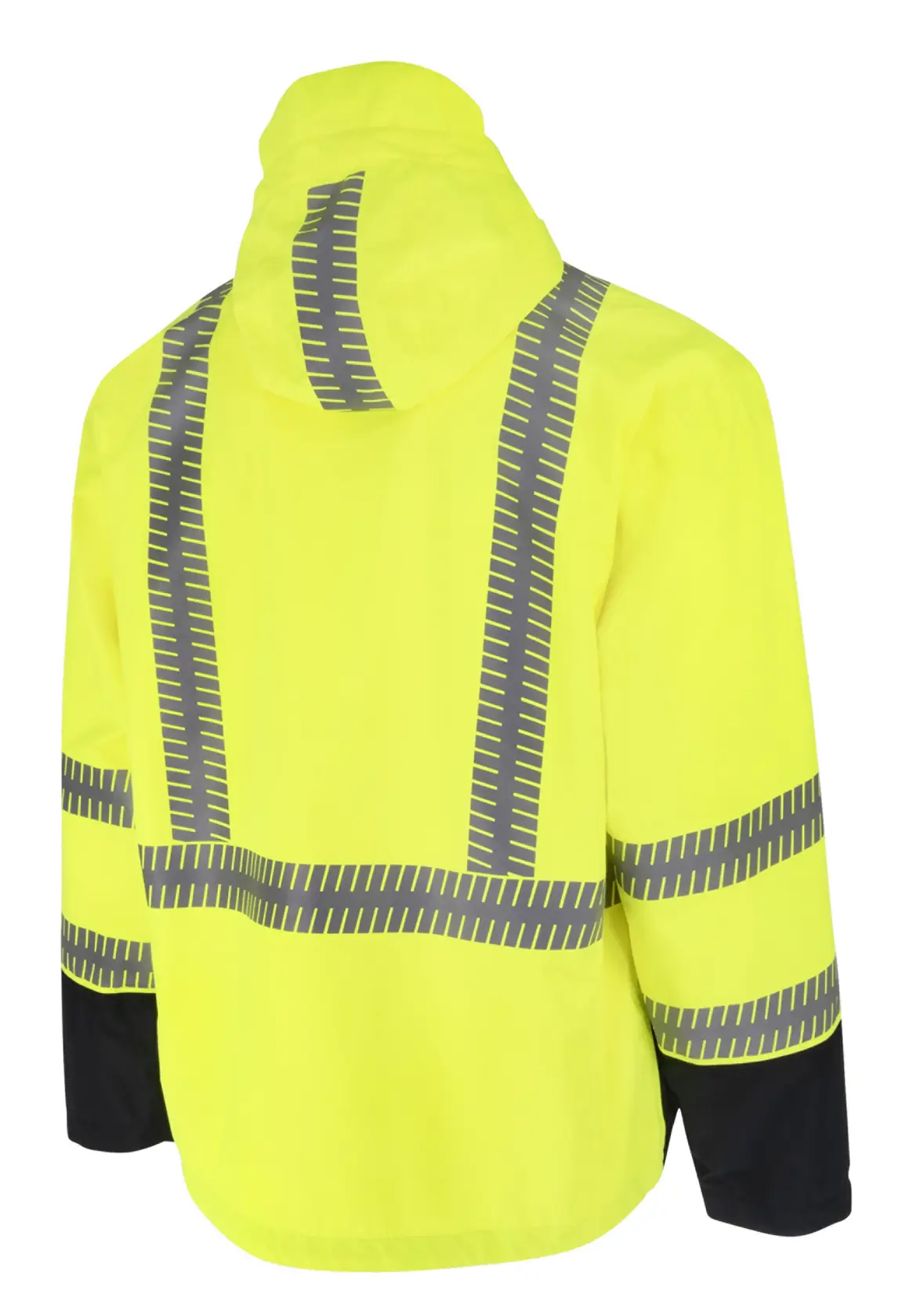 ANGLED BACK VIEW OF A DEWALT DRW21  HI-VIS GREEN RAIN JACKET, FEATURING A HOOD, SEGMENTED REFLECTIVE TAPE AND BLACK CUFFS