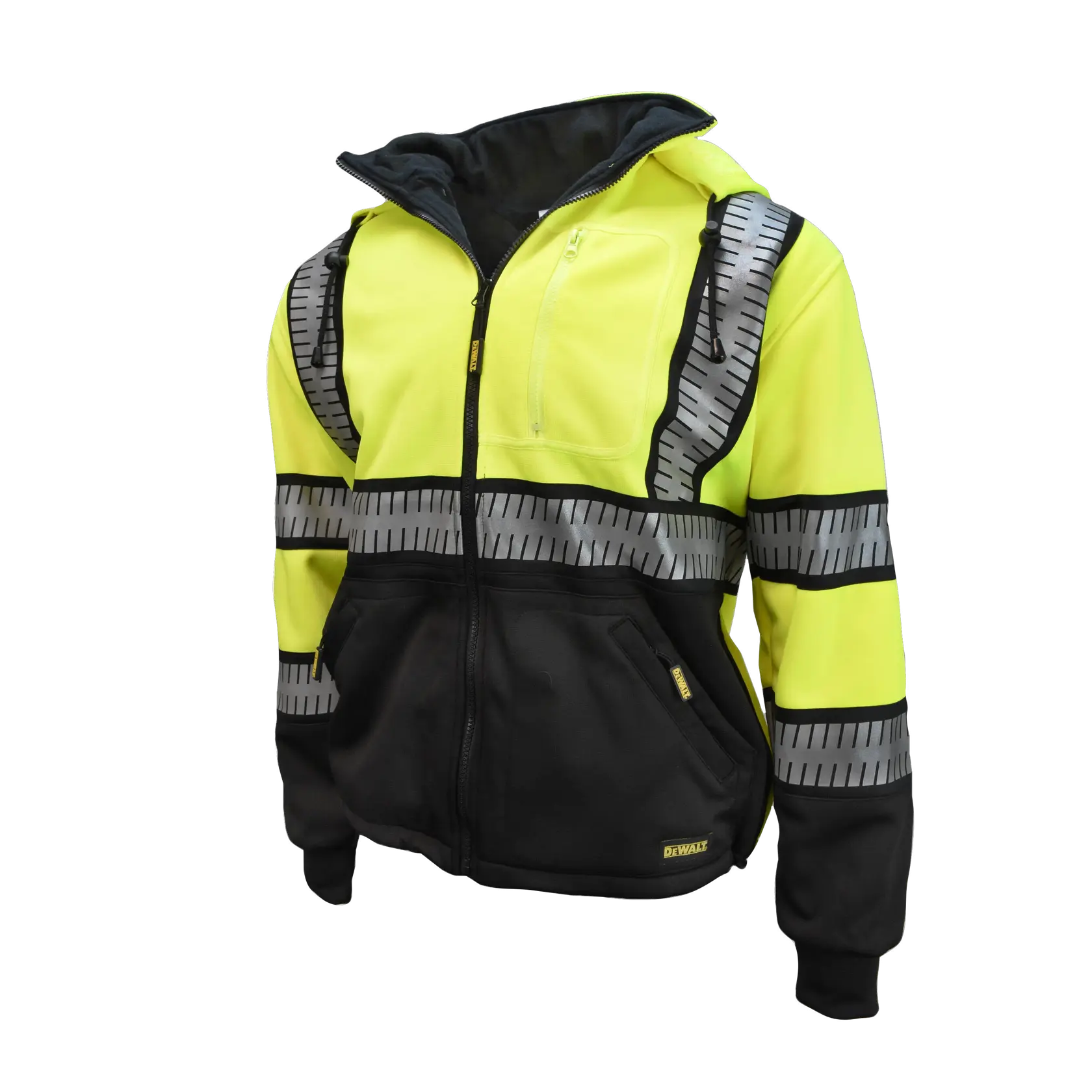 High-visibility DEWALT jacket with yellow and black color scheme, zip-up front, hood, reflective safety stripes, and multiple zippered pockets.