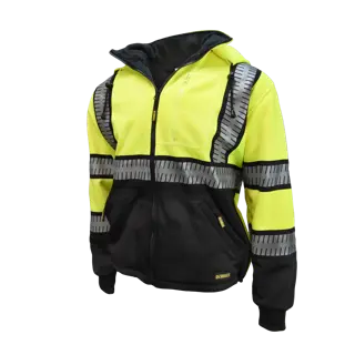 High-visibility DEWALT jacket with yellow and black color scheme, zip-up front, hood, reflective safety stripes, and multiple zippered pockets.