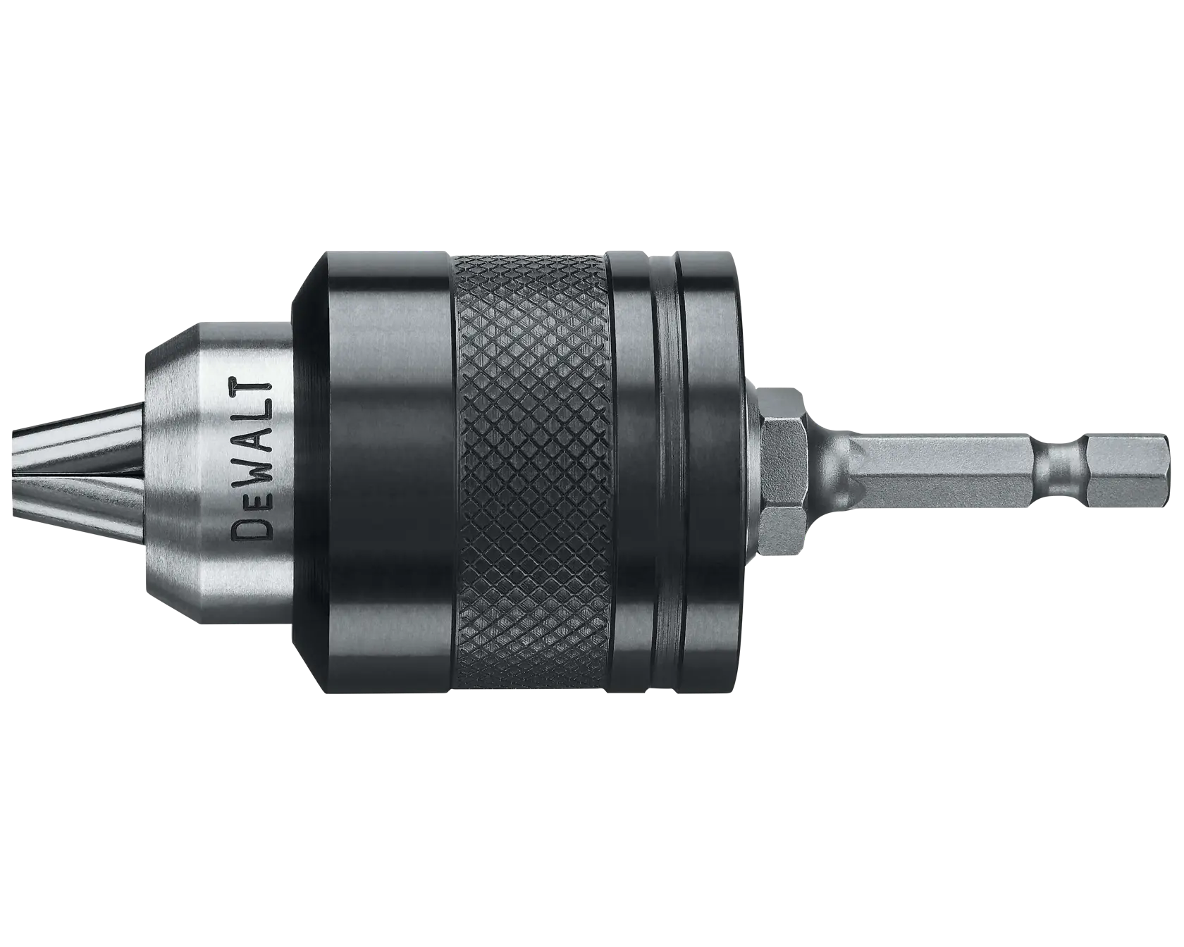 A close-up image of a DEWALT drill chuck adapter with a knurled grip and hex shank, used for converting a drill for different bit types.